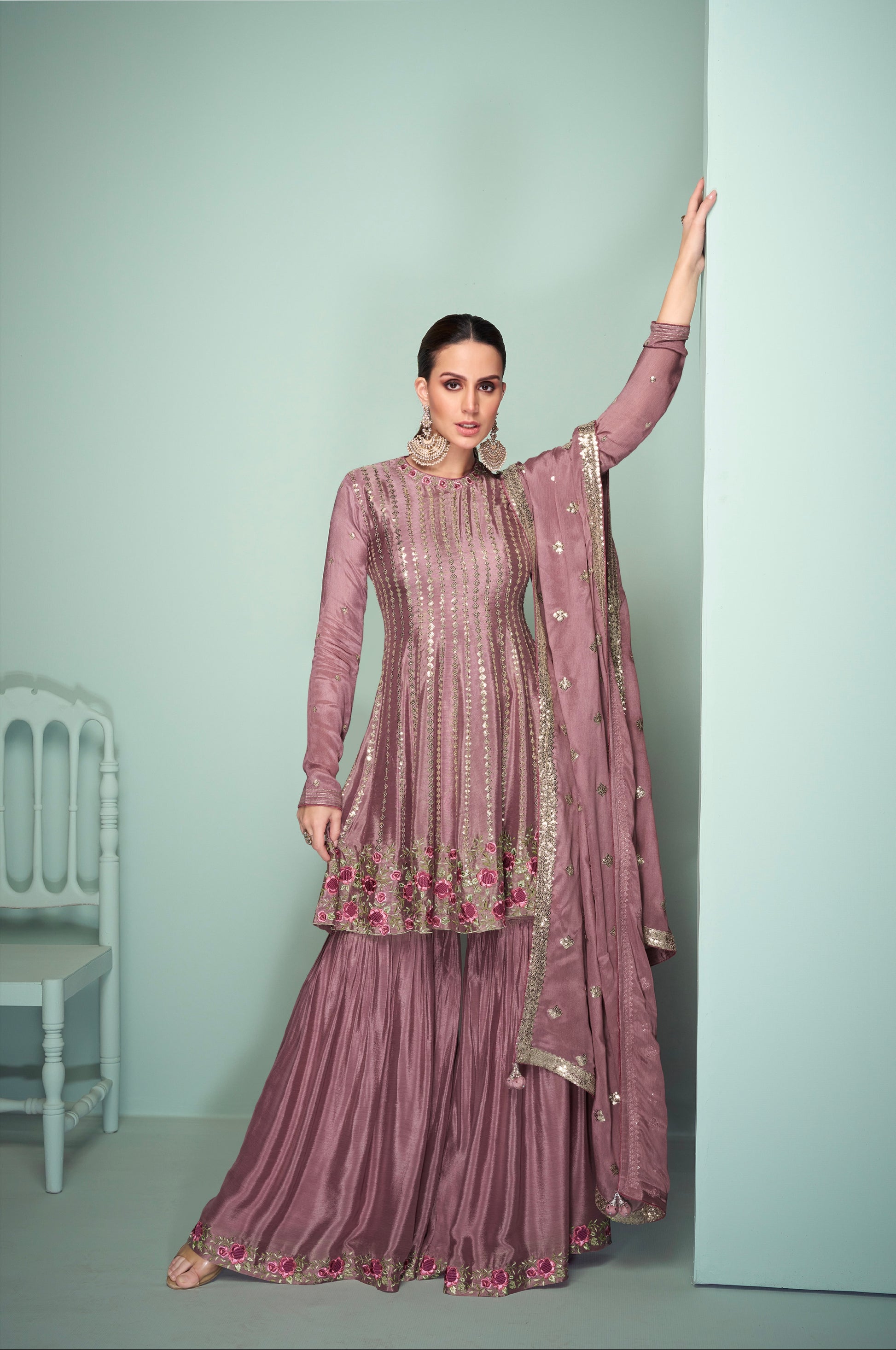 Dust Pink Embroidered Real Chinon Sharara Suit