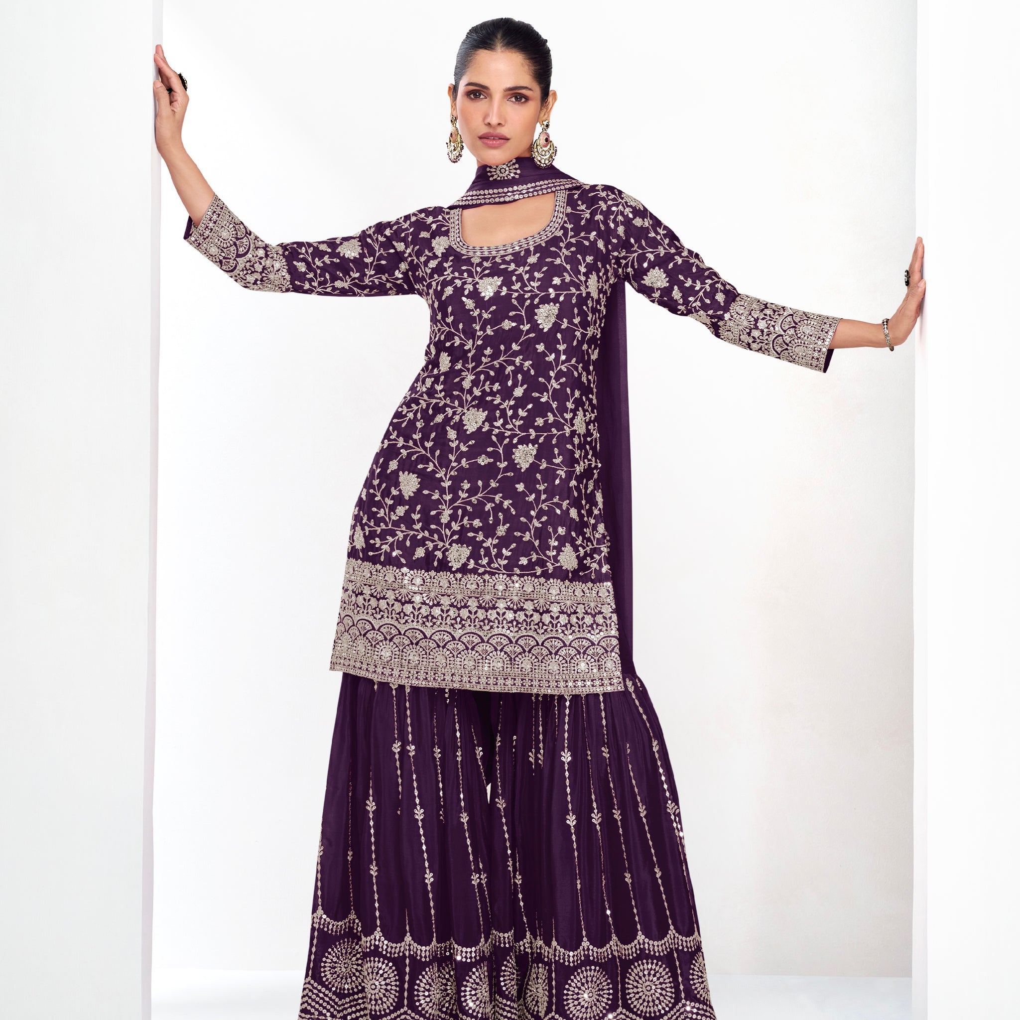 Purple Chinnon Silk Palazzo Suit with Rich Embroidery