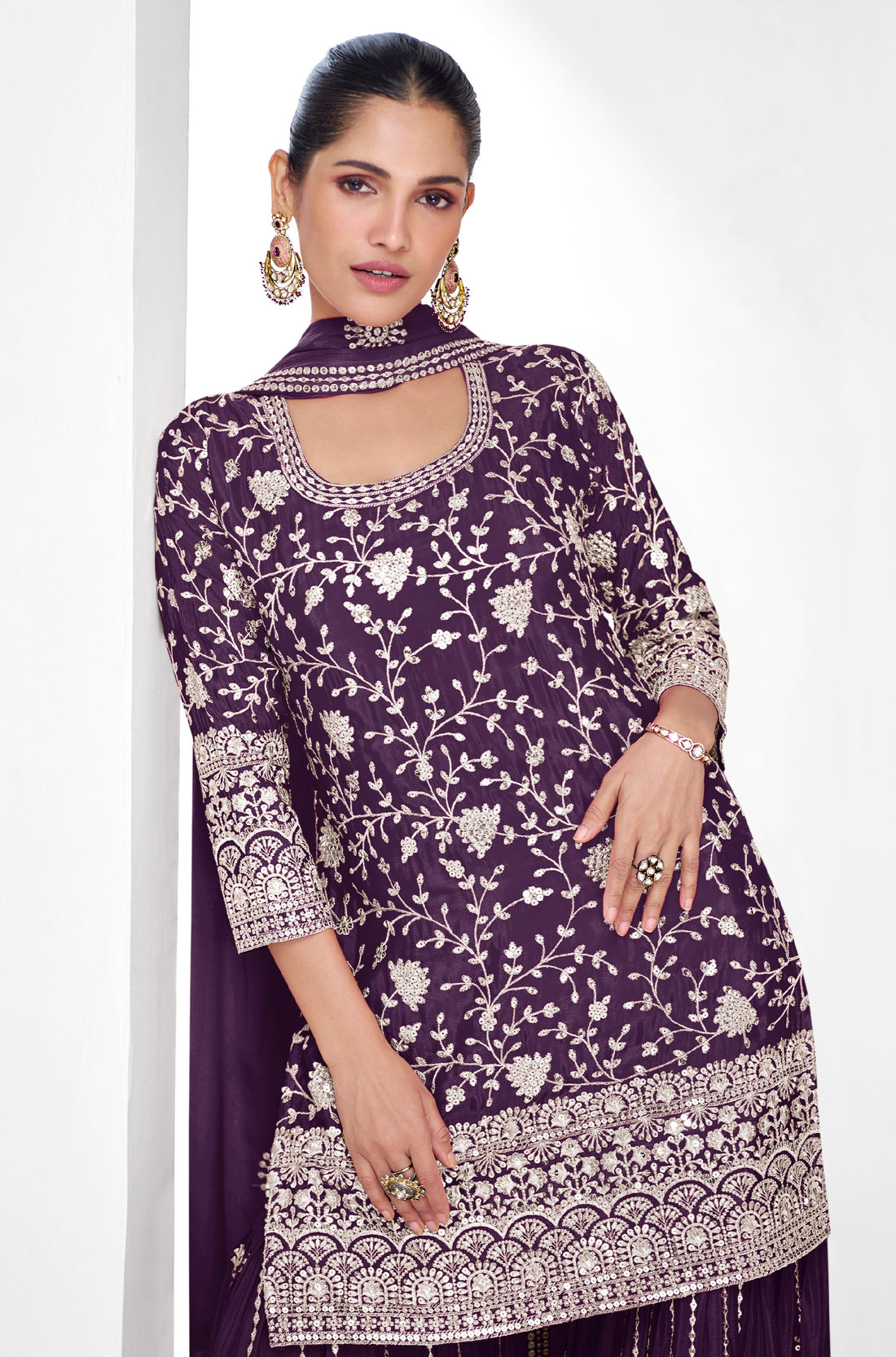 Purple Chinnon Silk Palazzo Suit with Rich Embroidery