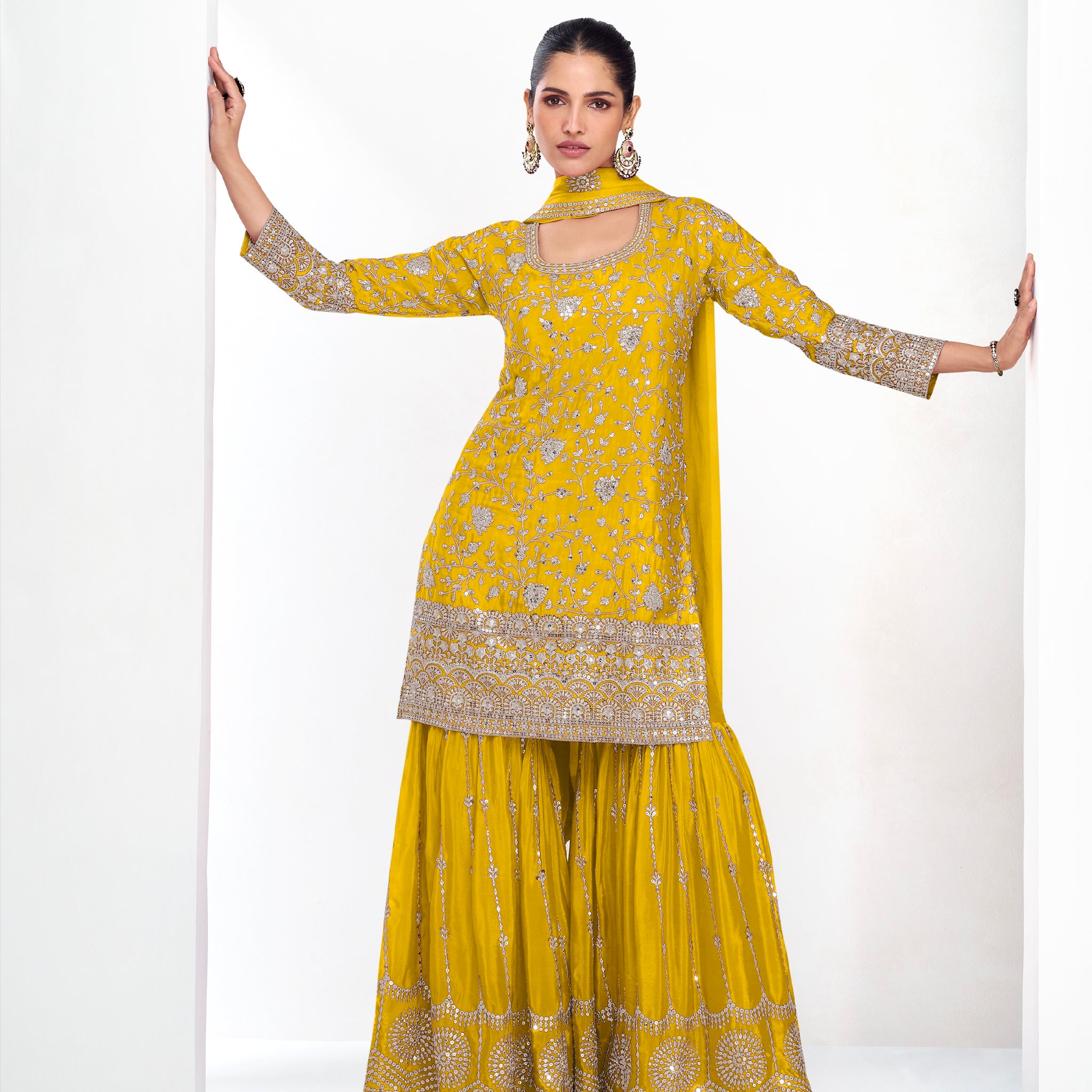 Mustard Yellow Premium Chinnon Silk Palazzo Suit