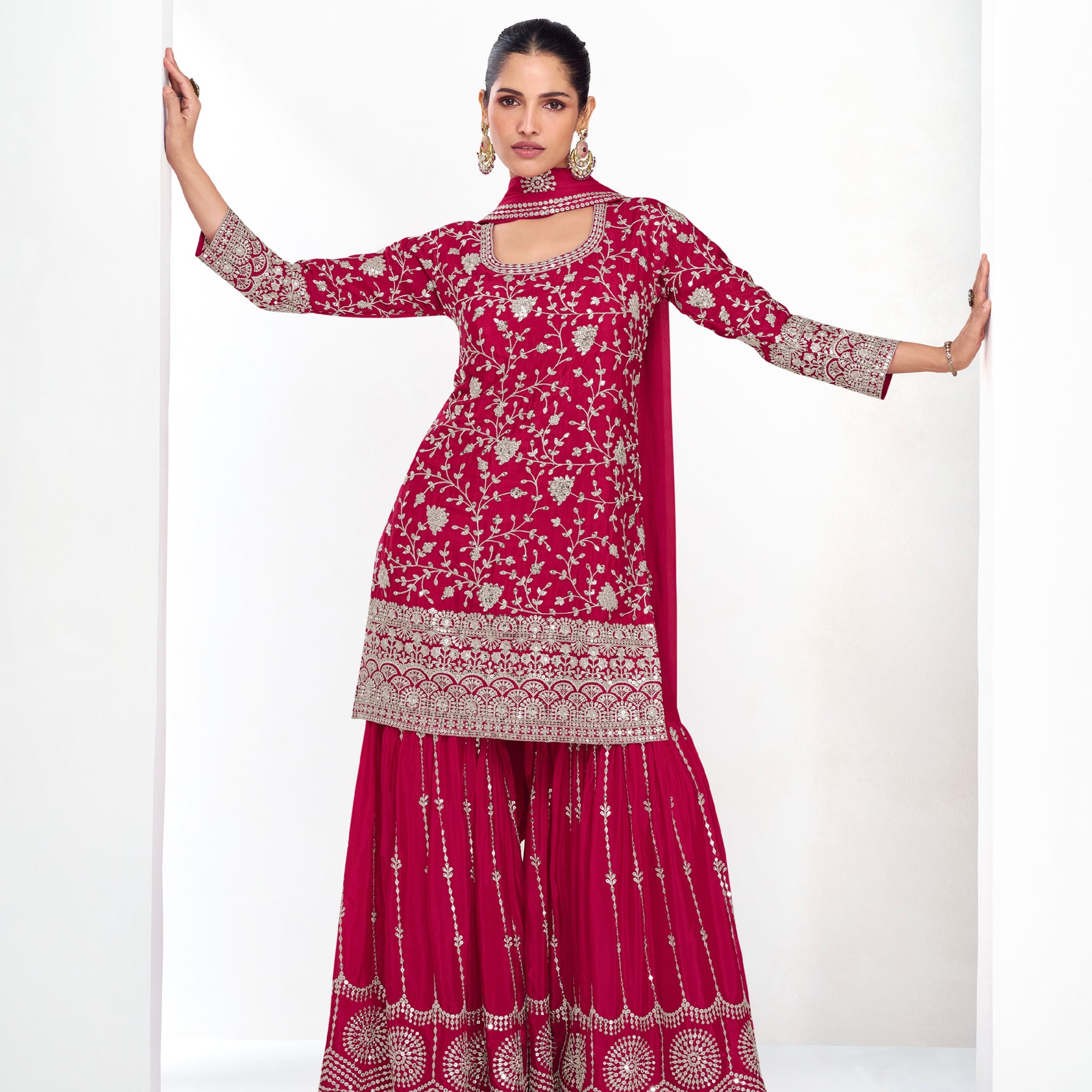 Red Chinnon Silk Palazzo Suit with Heavy Embroidery