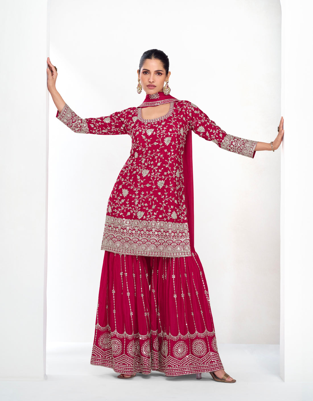 Red Chinnon Silk Palazzo Suit with Heavy Embroidery