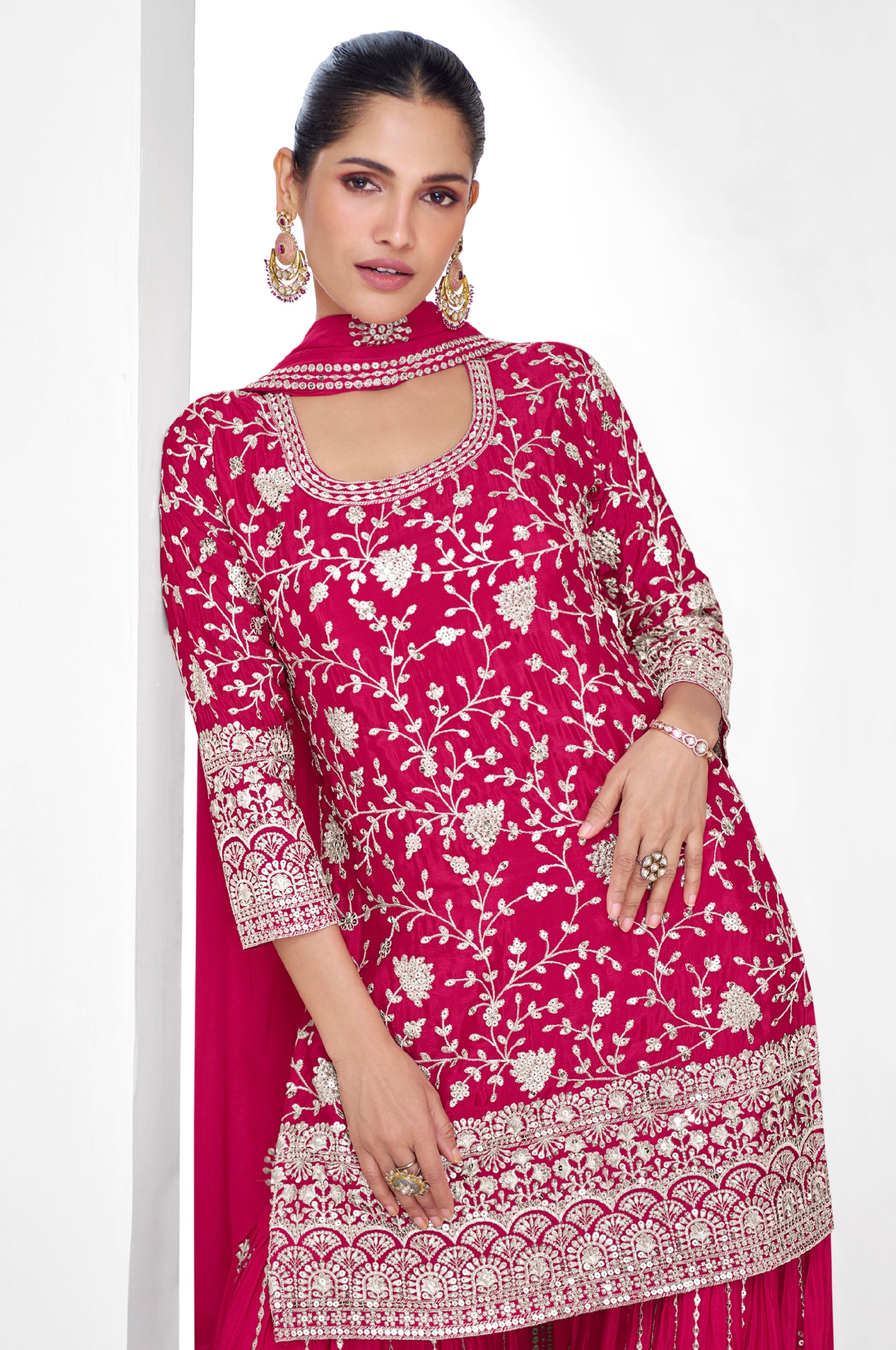 Red Chinnon Silk Palazzo Suit with Heavy Embroidery