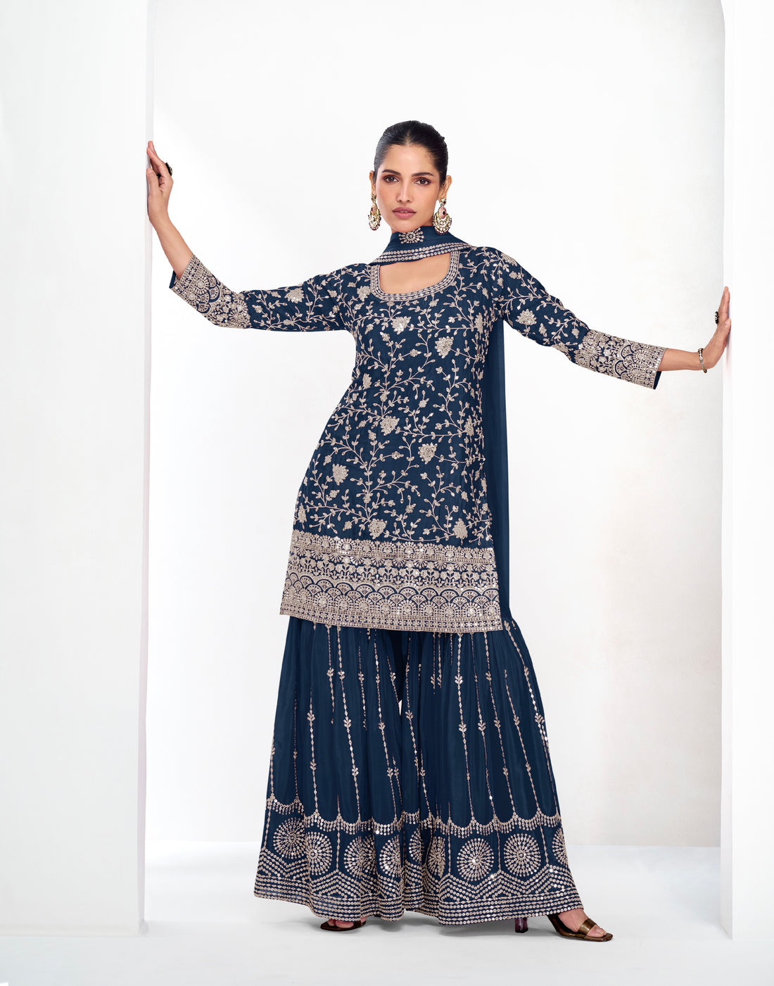 Navy Blue Premium Chinnon Silk Palazzo Suit with Rich Embroidery