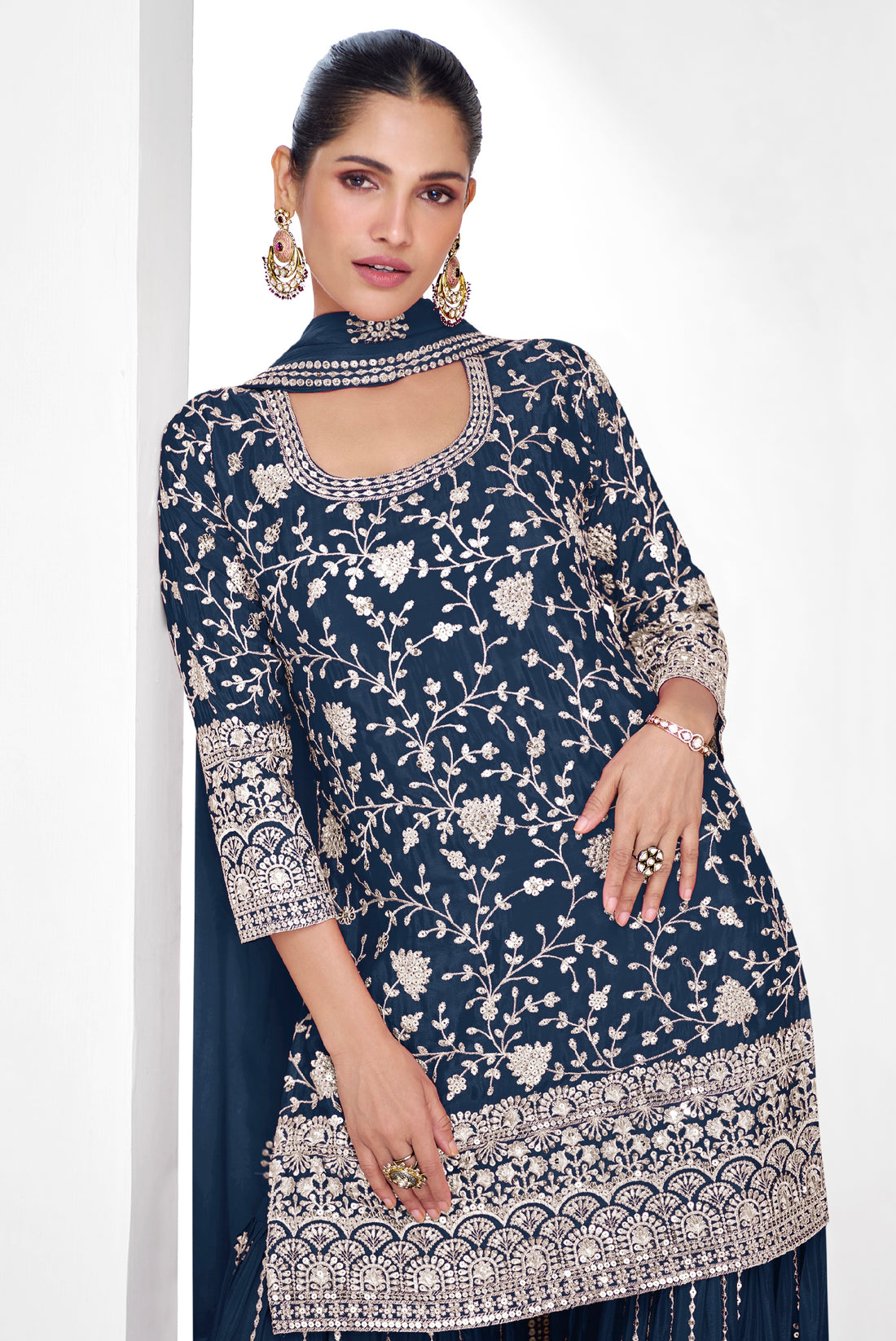 Navy Blue Premium Chinnon Silk Palazzo Suit with Rich Embroidery