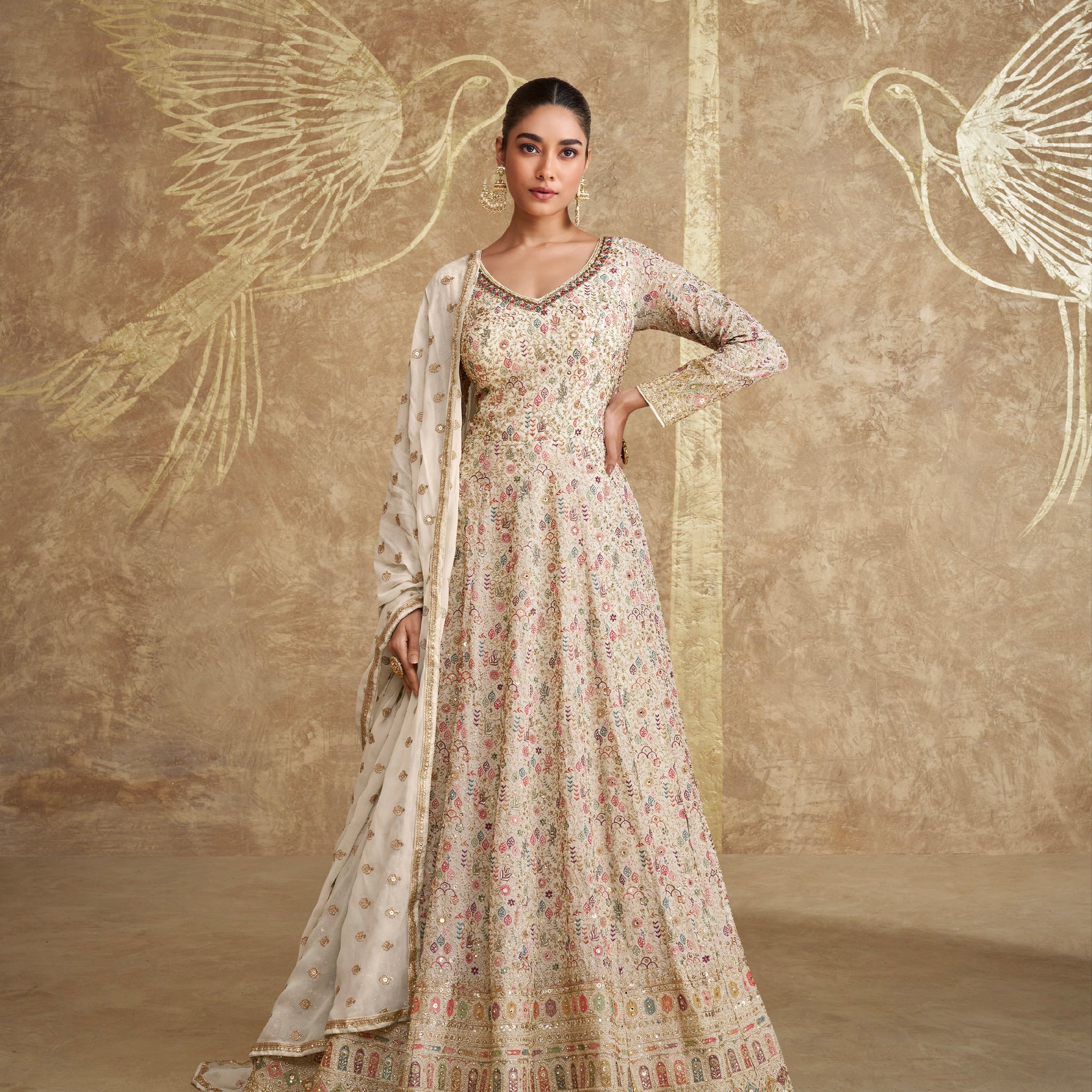 Off-White Georgette Embroidered Floral Anarkali with Dupatta