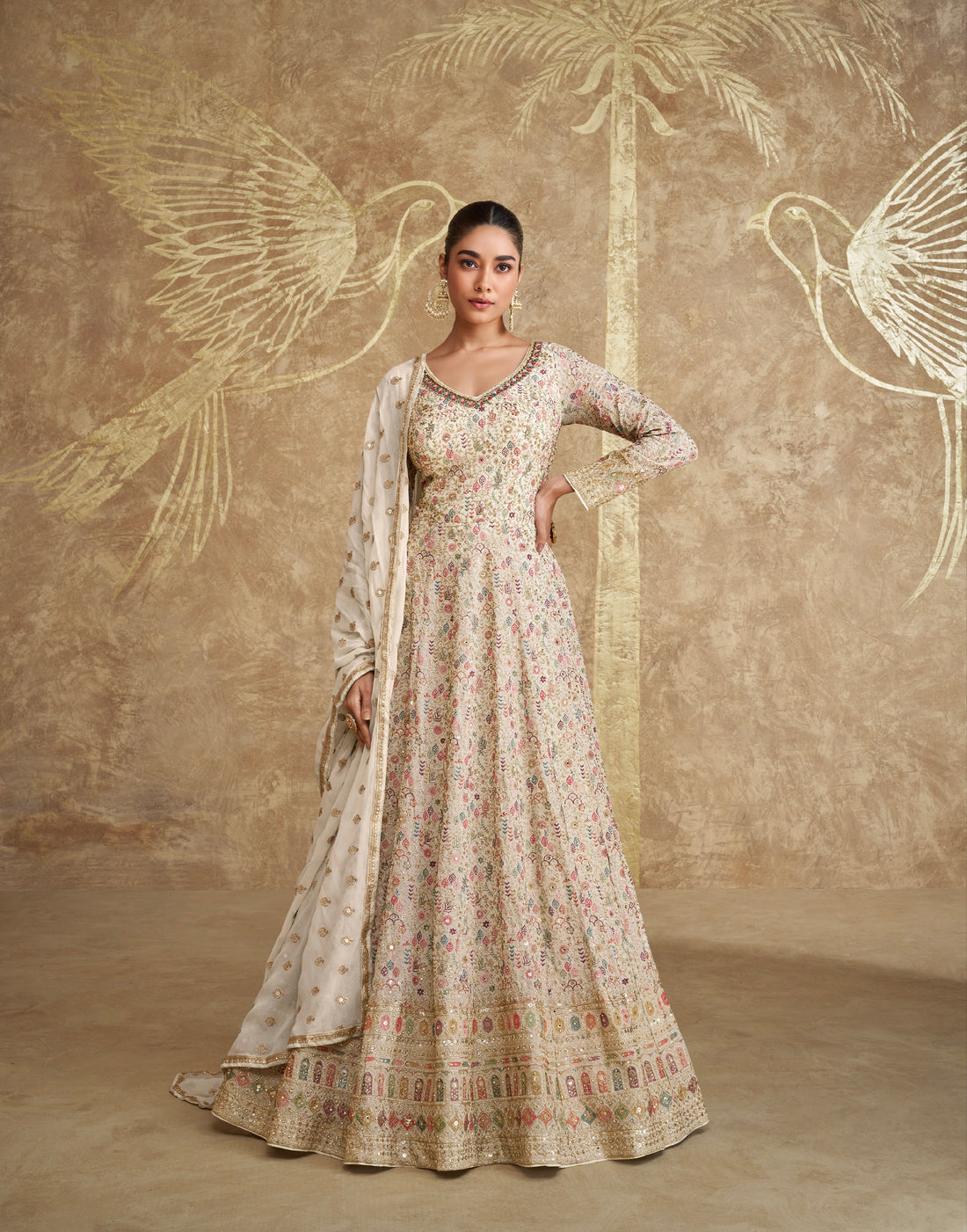 Off-White Georgette Embroidered Floral Anarkali with Dupatta