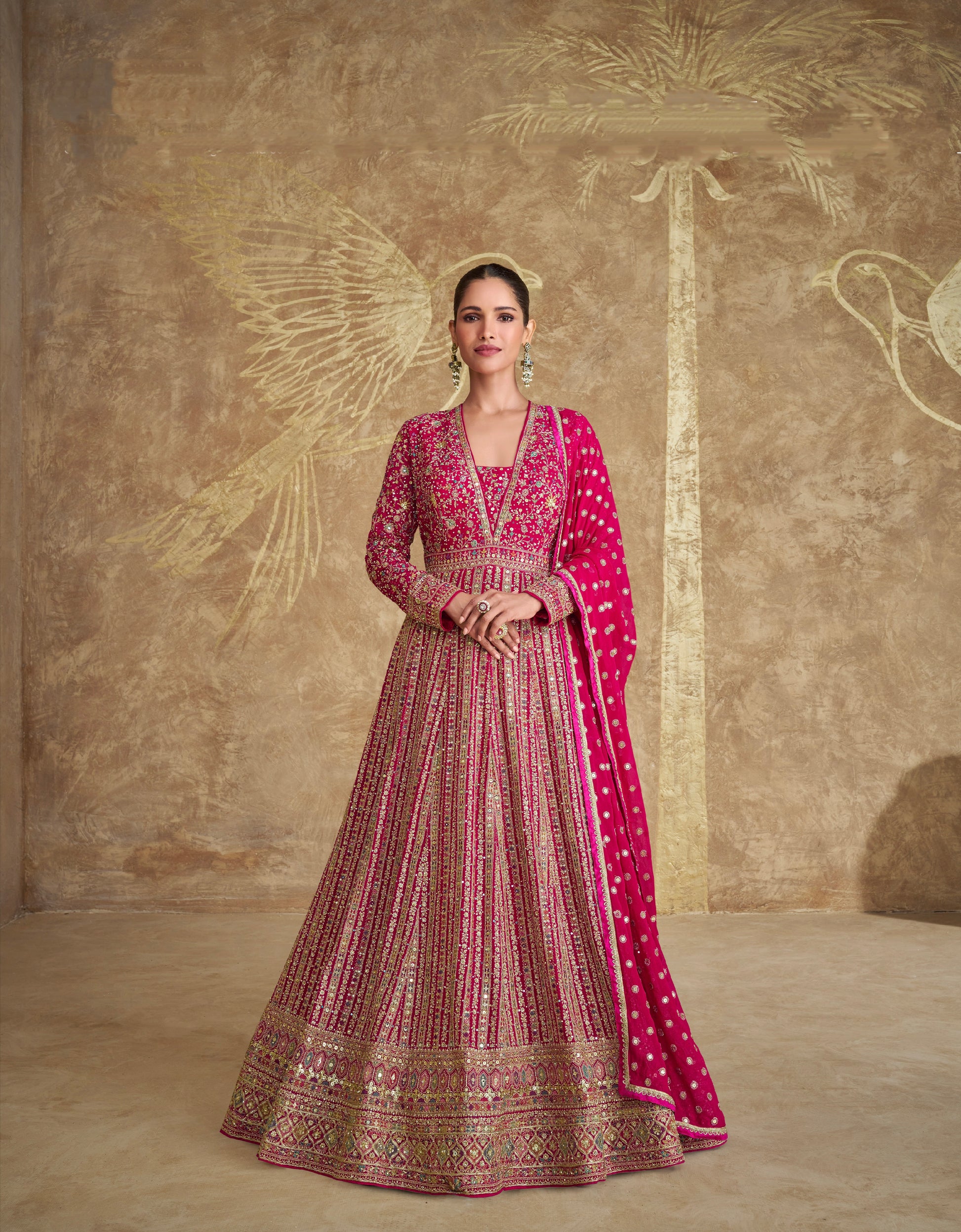 Hot Pink Georgette Embroidered Anarkali Dress with Dupatta