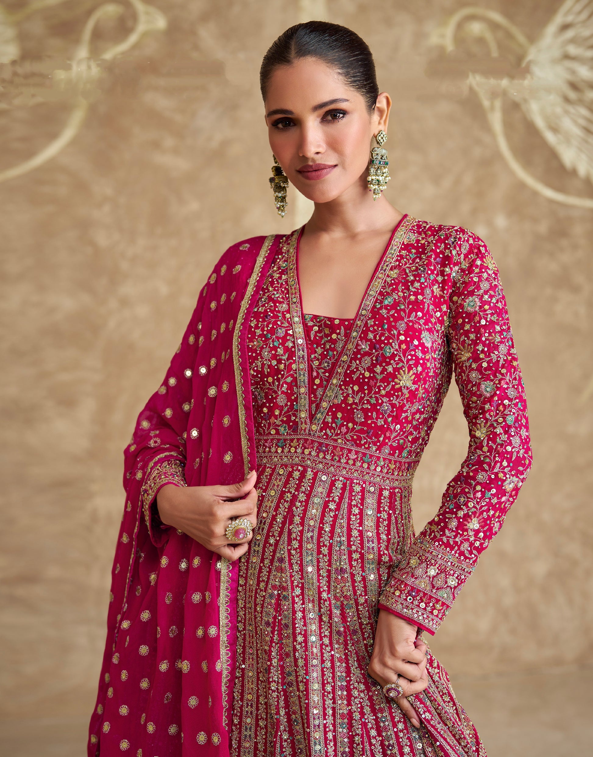 Hot Pink Georgette Embroidered Anarkali Dress with Dupatta