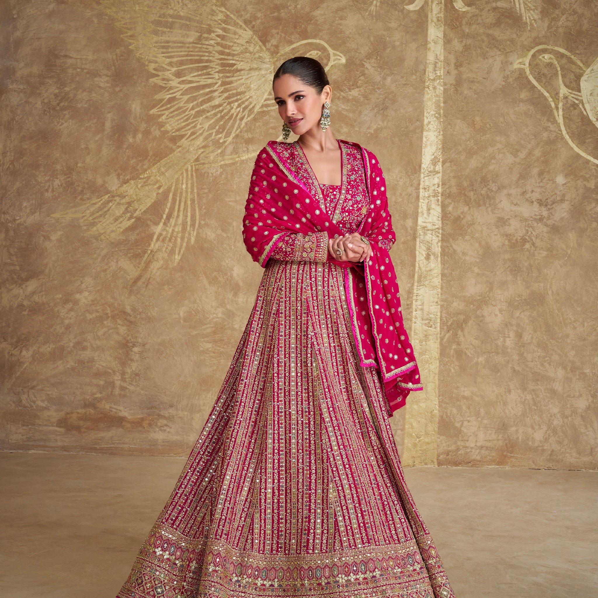 Hot Pink Georgette Embroidered Anarkali Dress with Dupatta