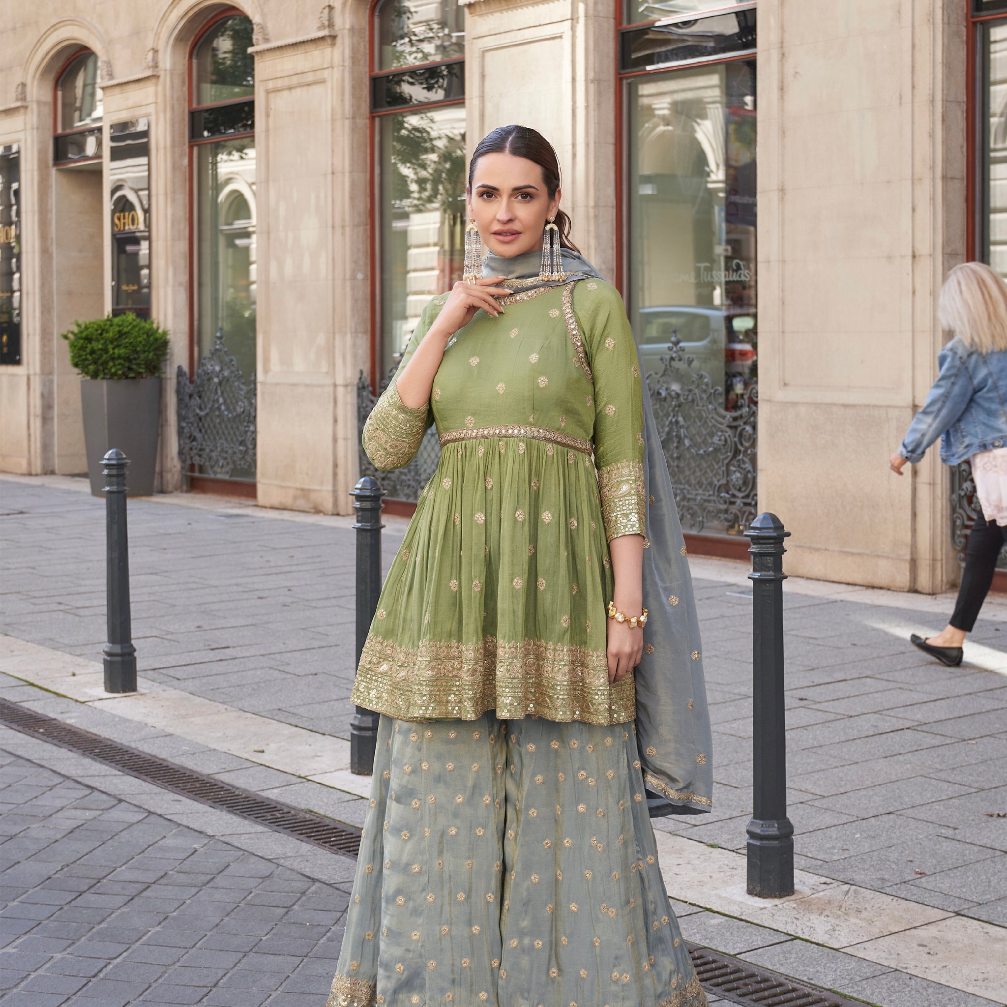 Olive Green Embroidered Palazzo Suit with Dupatta