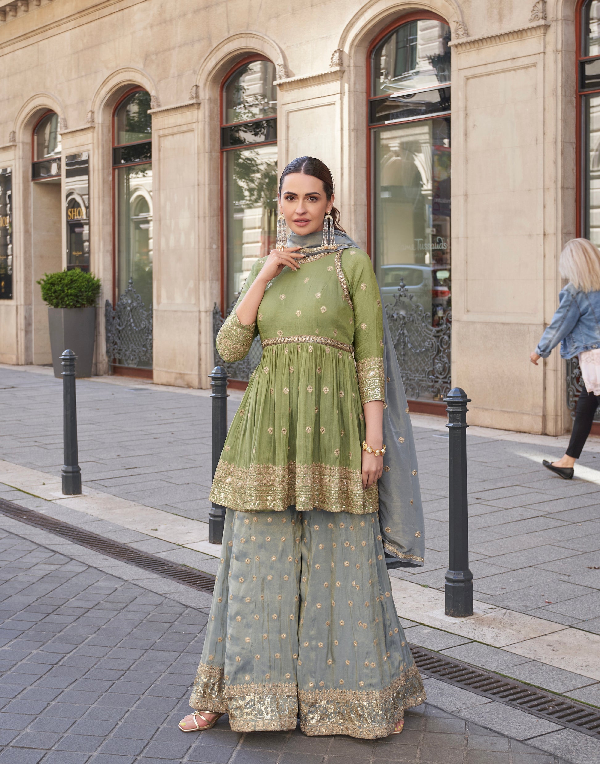 Olive Green Embroidered Palazzo Suit with Dupatta