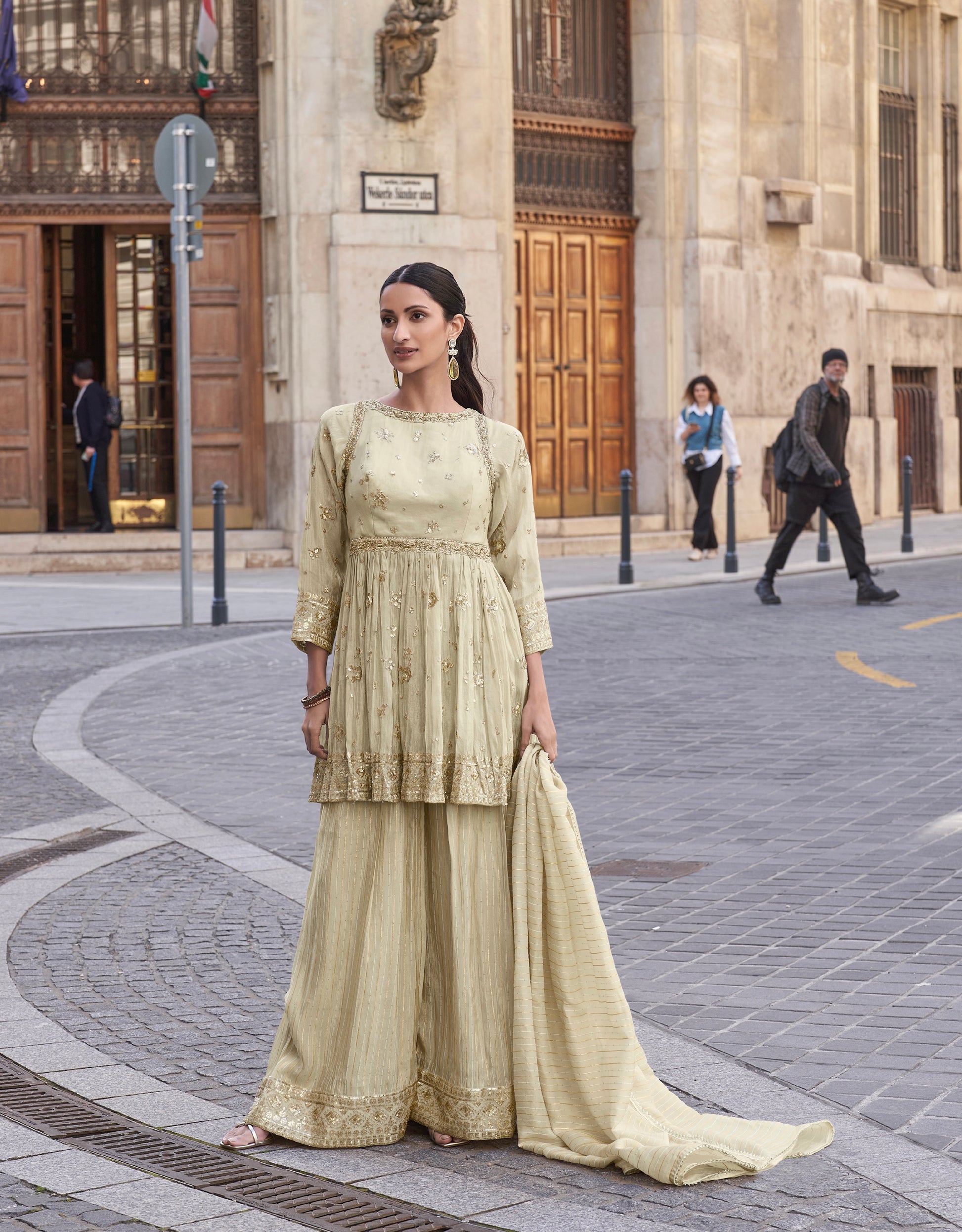 Beige Embroidered Palazzo Suit with Dupatta