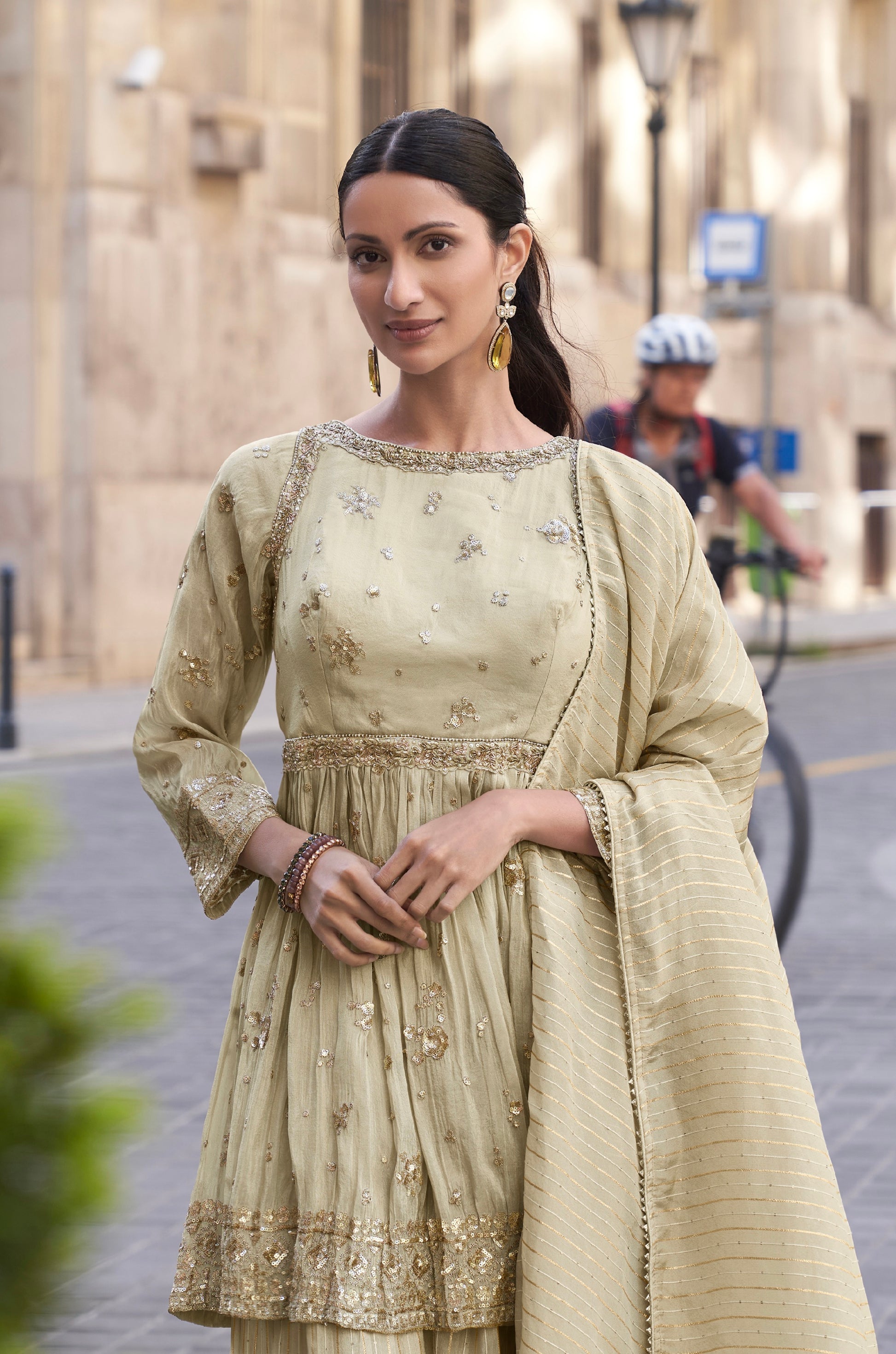 Beige Embroidered Palazzo Suit with Dupatta