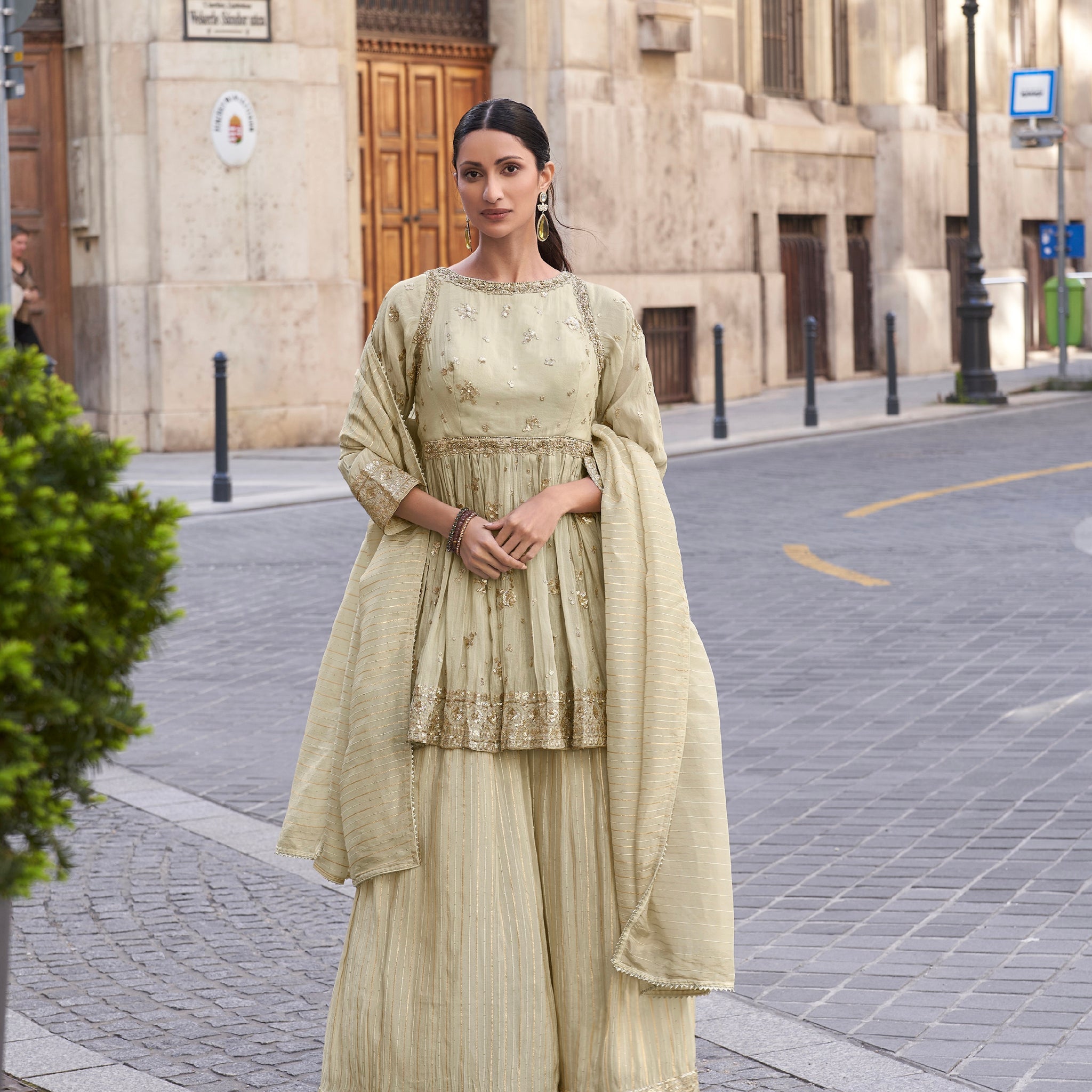 Beige Embroidered Palazzo Suit with Dupatta