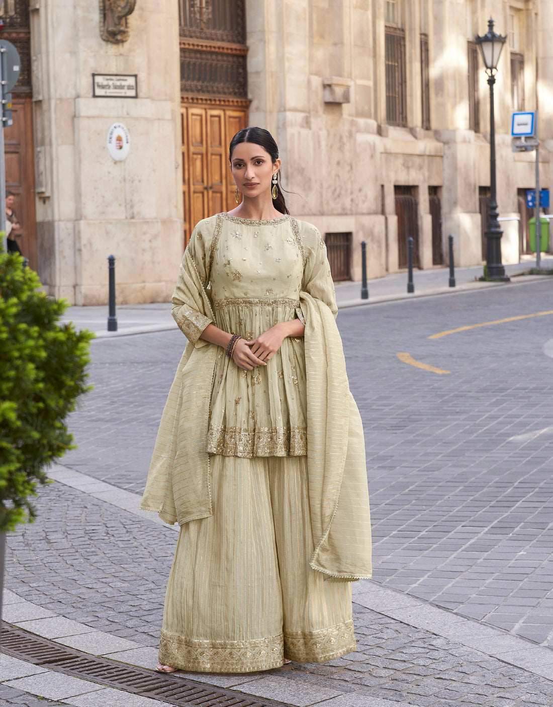 Beige Embroidered Palazzo Suit with Dupatta