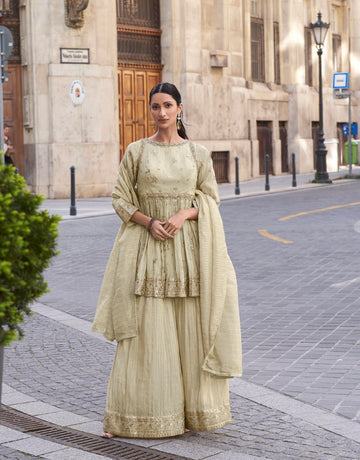 Beige Embroidered Palazzo Suit with Dupatta