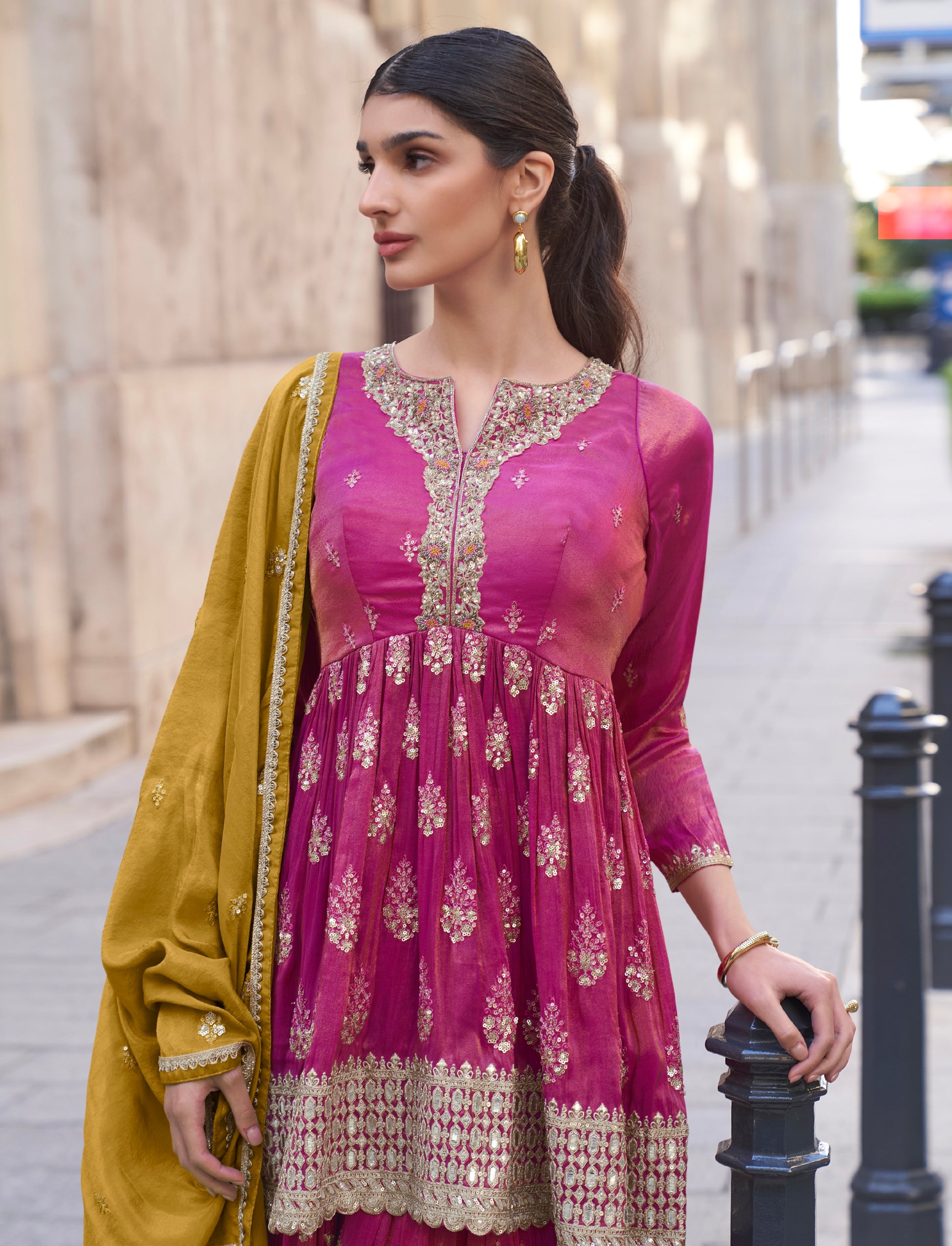 Magenta Embroidered Palazzo Suit with Dupatta