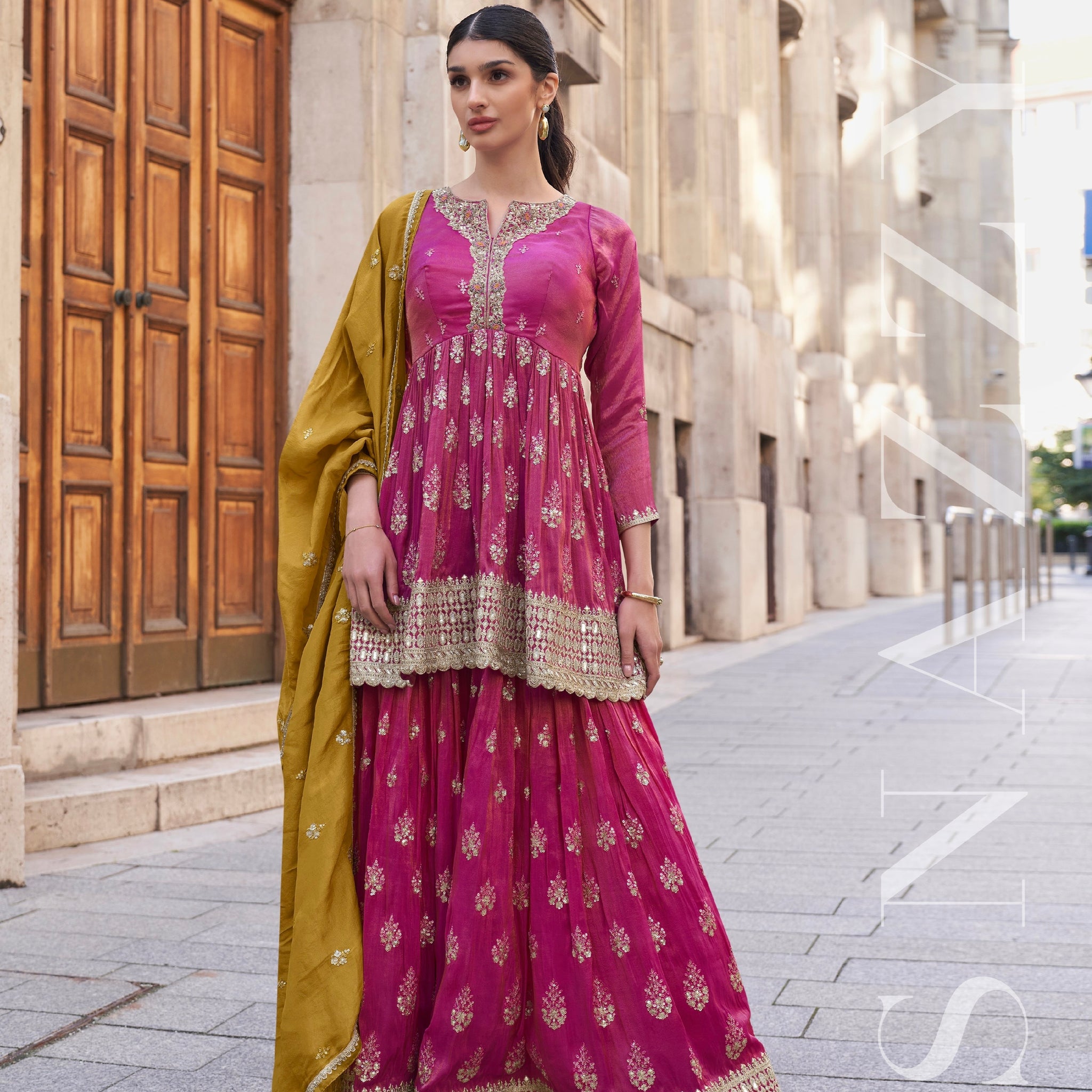 Magenta Embroidered Palazzo Suit with Dupatta