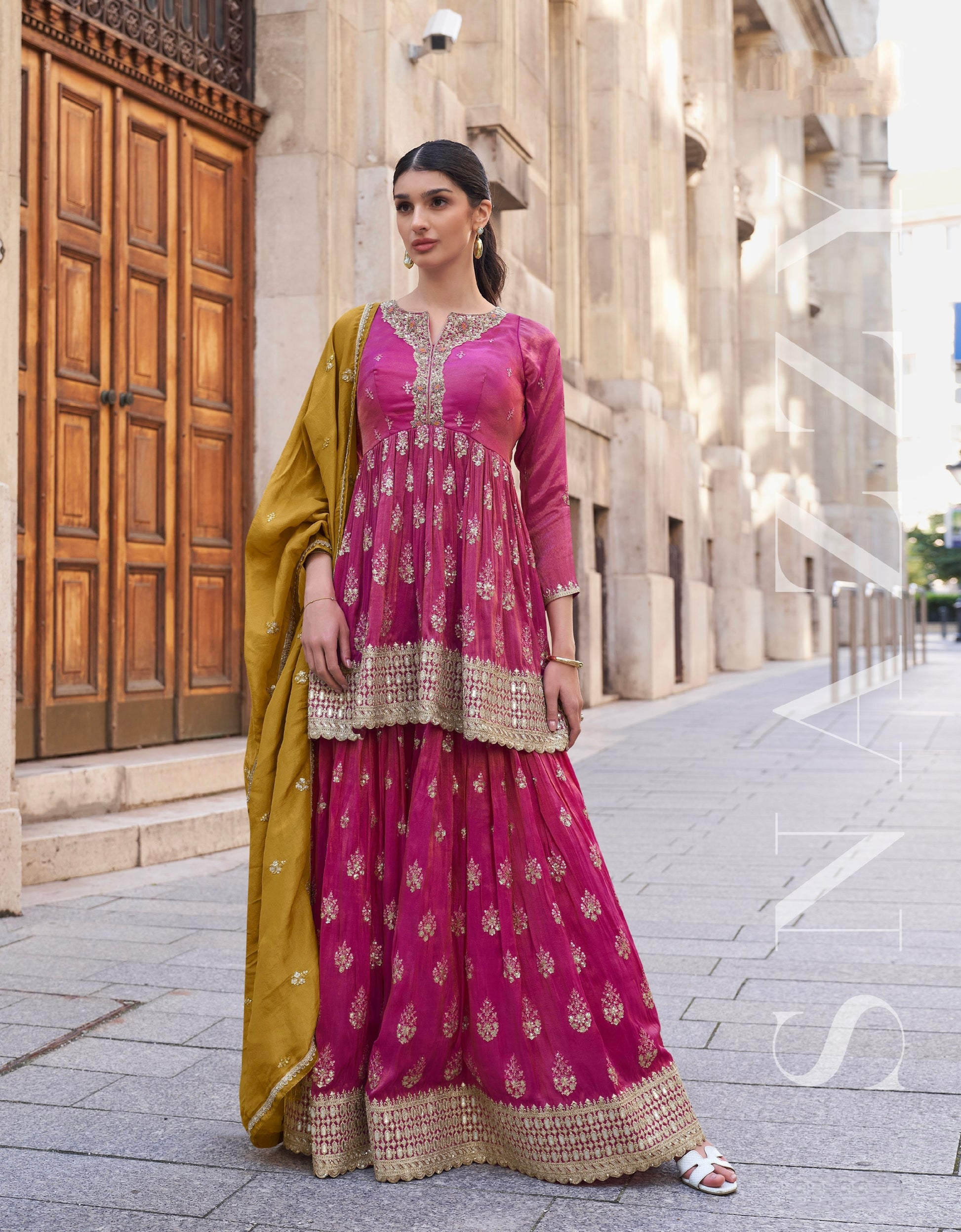 Magenta Embroidered Palazzo Suit with Dupatta