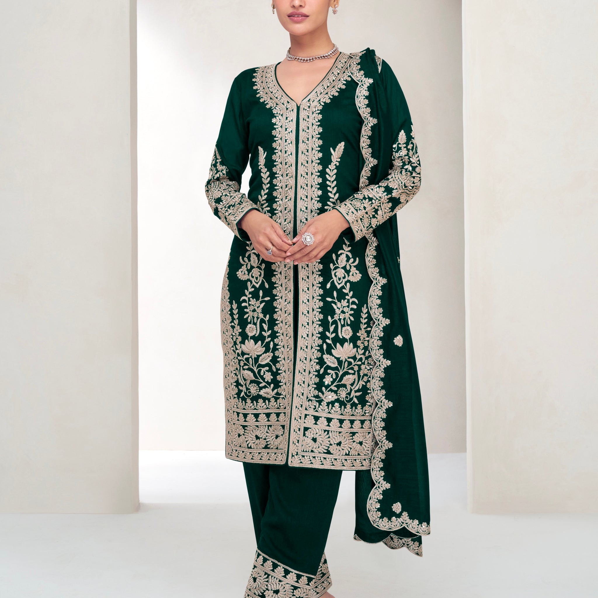 Deep Green Embroidered Silk Straight-Cut Suit with Dupatta