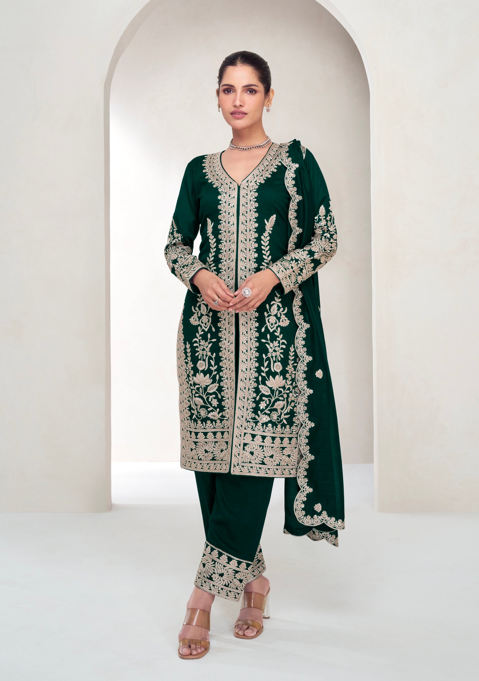 Deep Green Embroidered Silk Straight-Cut Suit with Dupatta