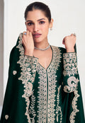 Deep Green Embroidered Silk Straight-Cut Suit with Dupatta