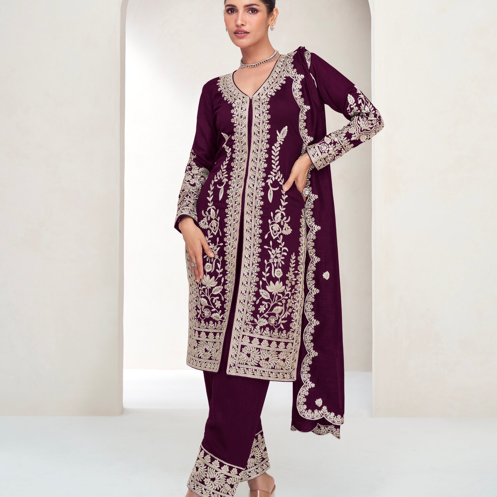 Maroon Embroidered Silk Straight-Cut Suit with Dupatta