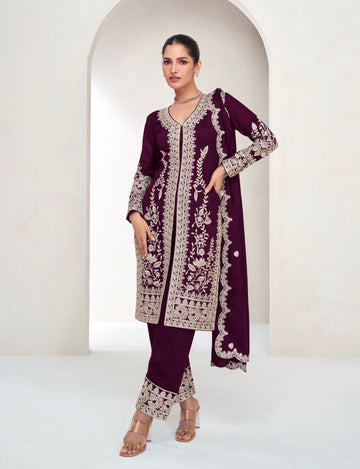 Maroon Embroidered Silk Straight-Cut Suit with Dupatta