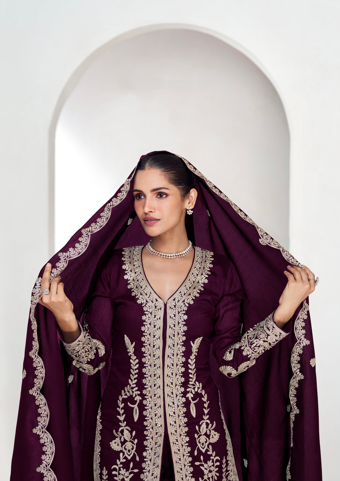 Maroon Embroidered Silk Straight-Cut Suit with Dupatta