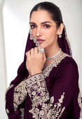 Maroon Embroidered Silk Straight-Cut Suit with Dupatta