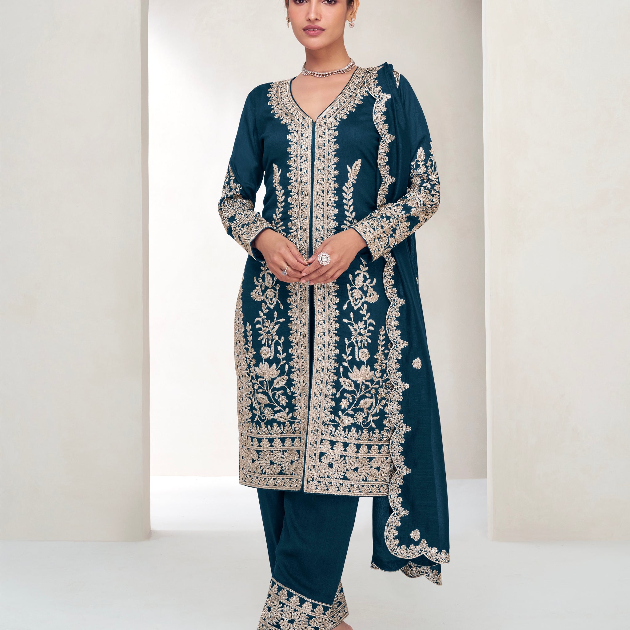 Midnight Blue Embroidered Silk Straight-Cut Suit with Dupatta