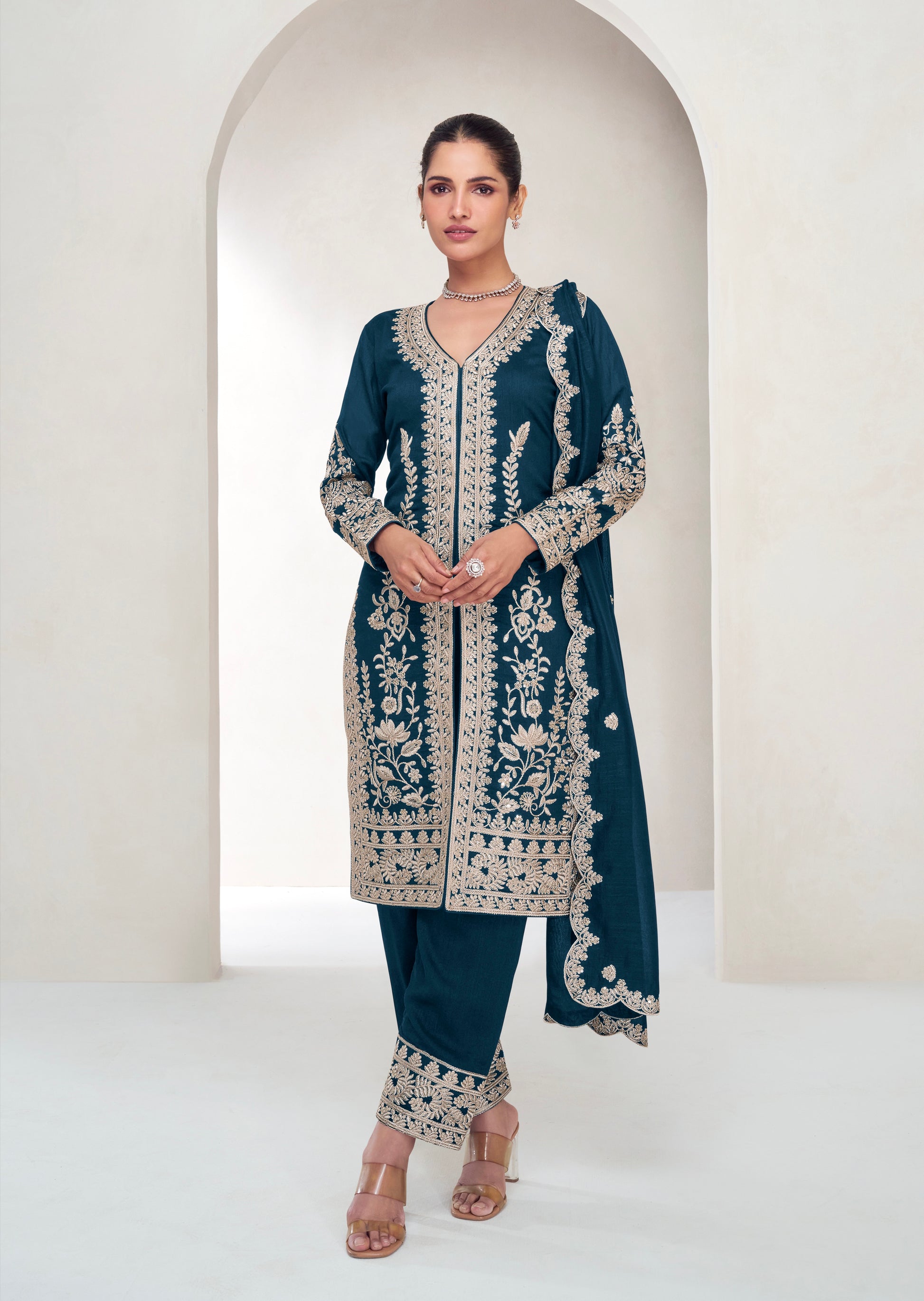 Midnight Blue Embroidered Silk Straight-Cut Suit with Dupatta