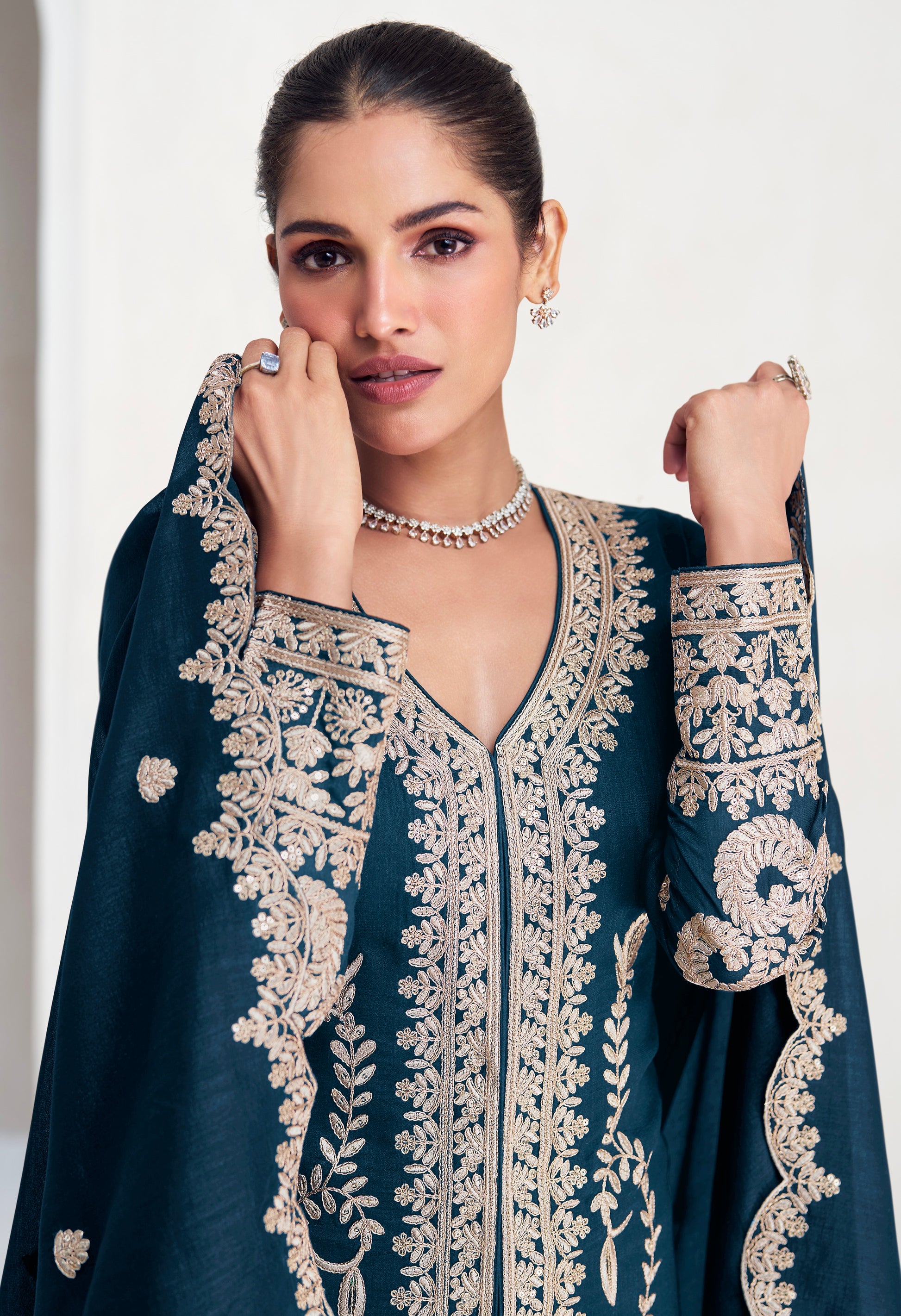 Midnight Blue Embroidered Silk Straight-Cut Suit with Dupatta