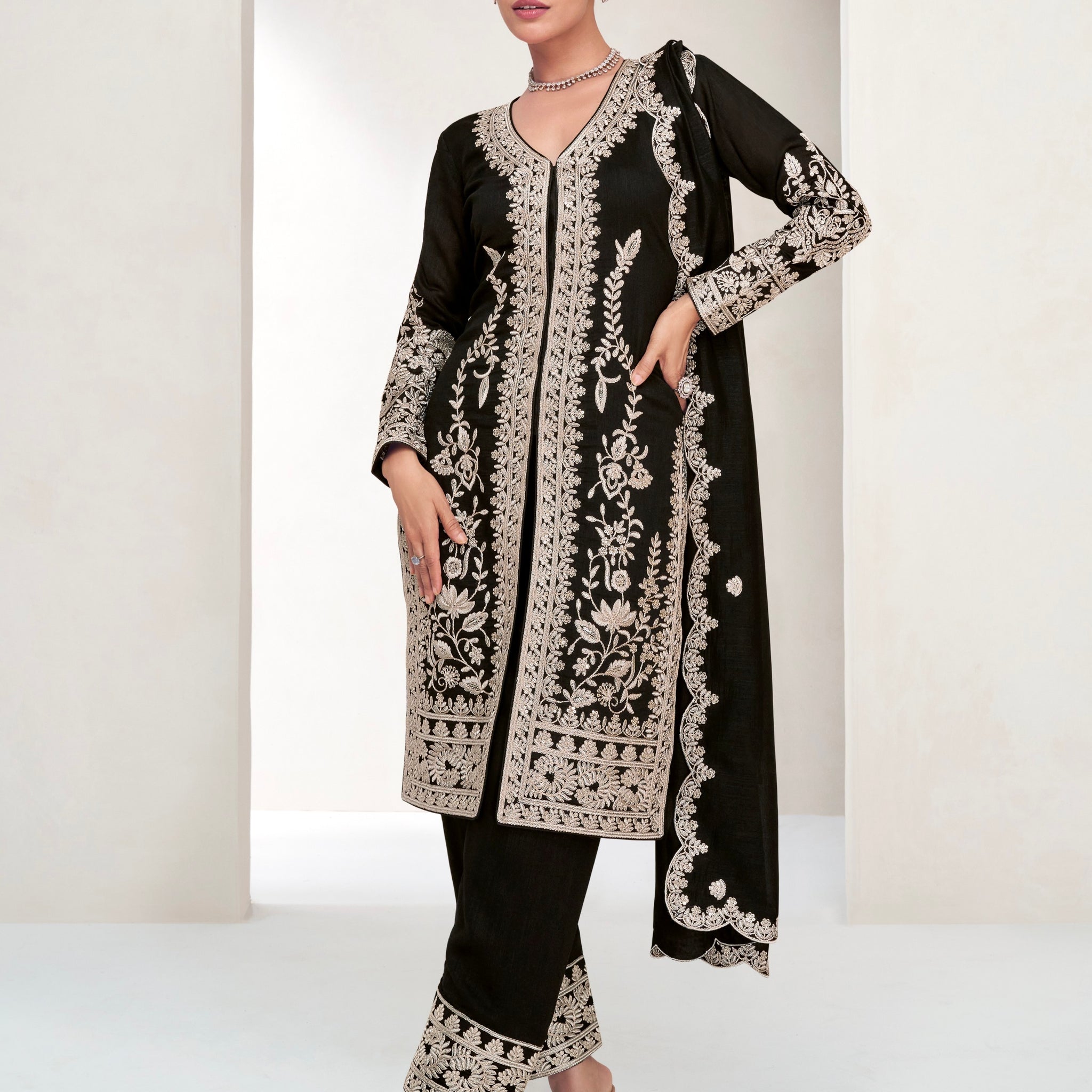 Classic Black Embroidered Silk Straight-Cut Suit with Dupatta