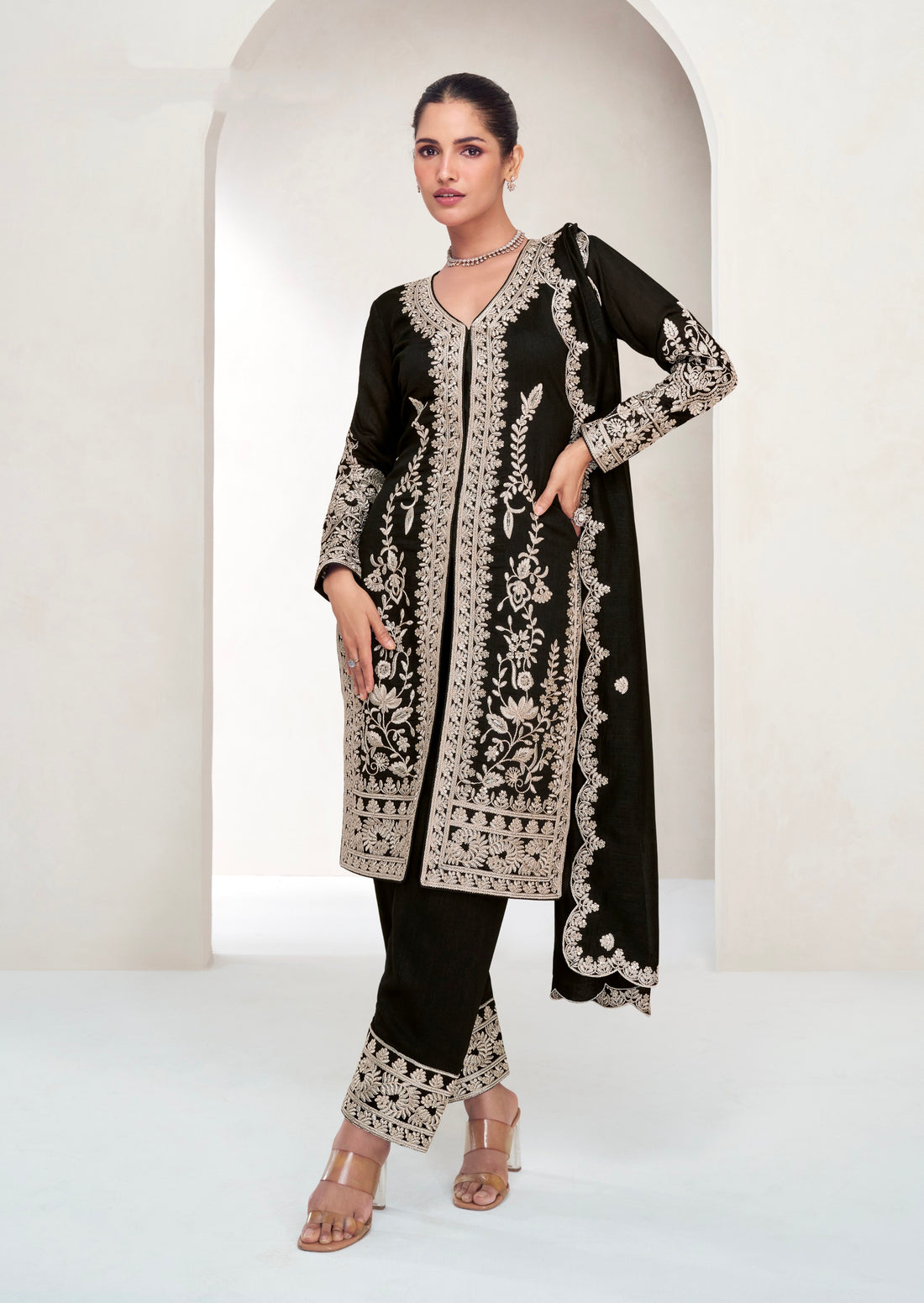 Classic Black Embroidered Silk Straight-Cut Suit with Dupatta