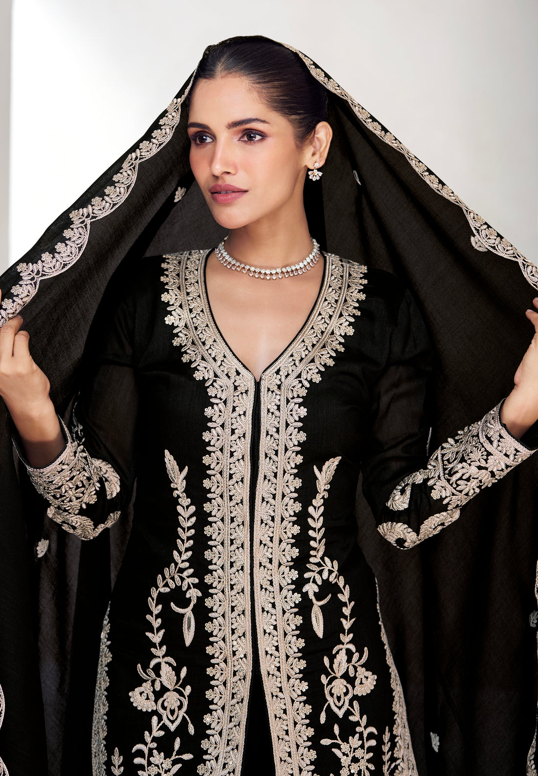 Classic Black Embroidered Silk Straight-Cut Suit with Dupatta