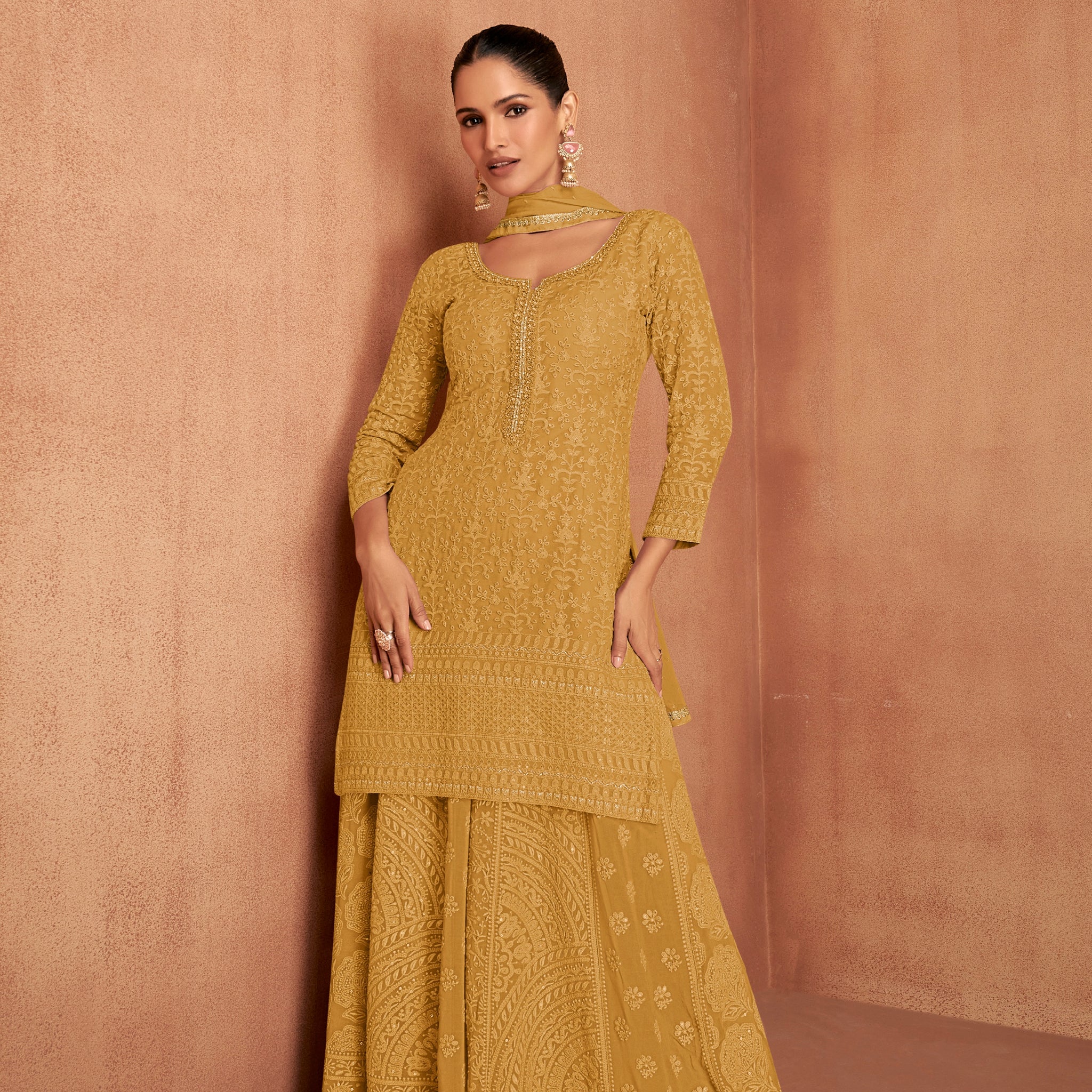 Mustard Yellow Embroidered Georgette Sharara Suit with Dupatta