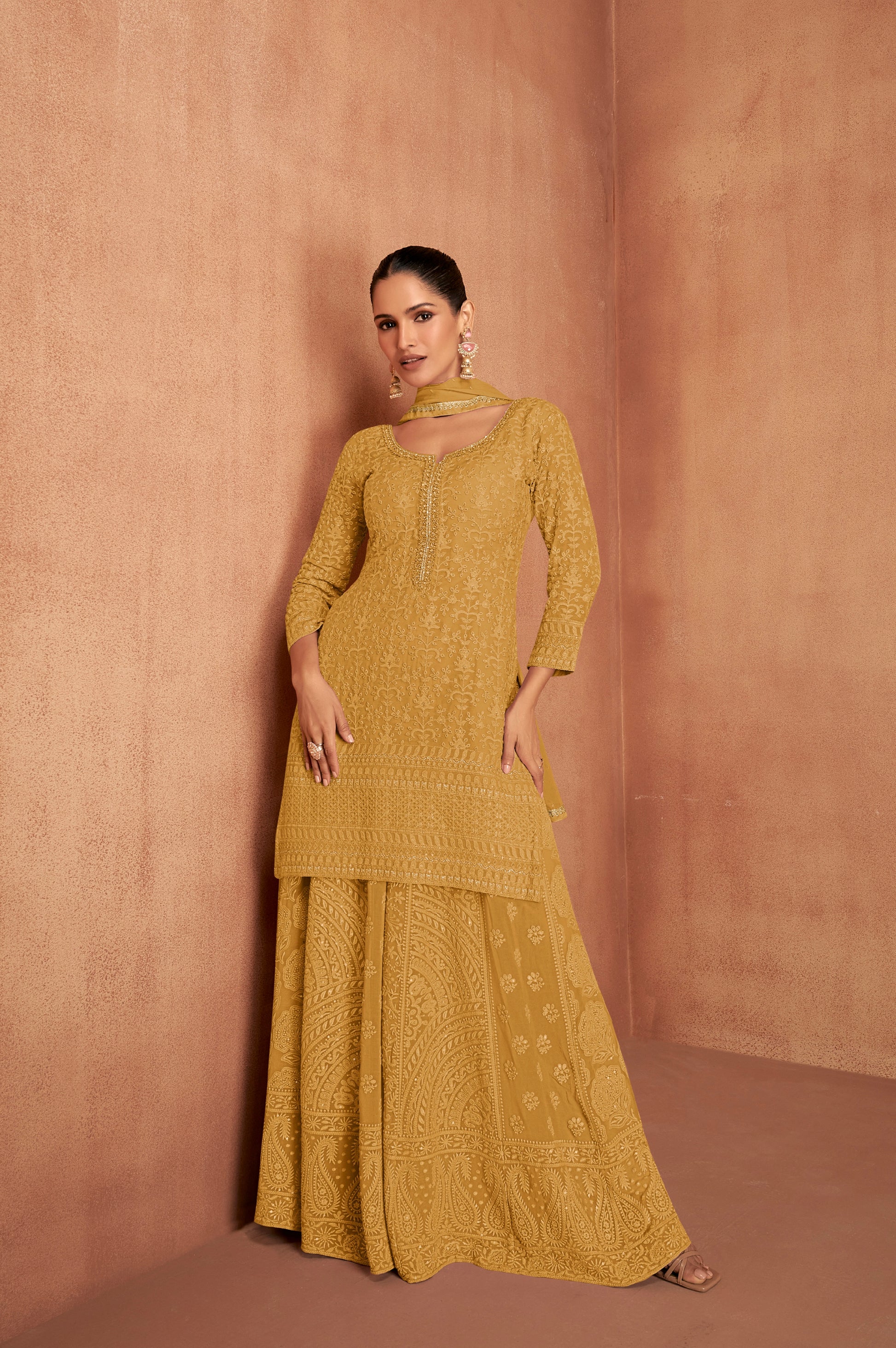 Mustard Yellow Embroidered Georgette Sharara Suit with Dupatta