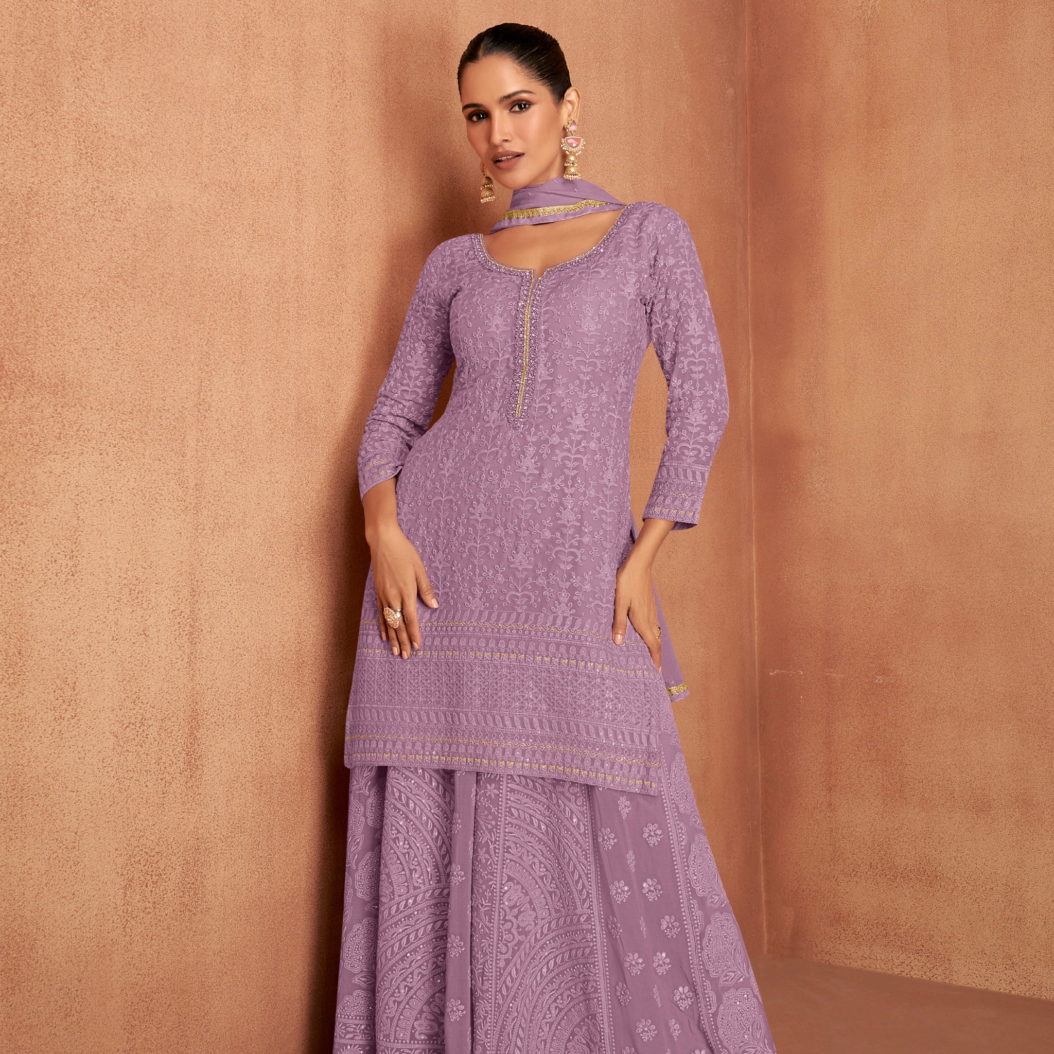 Lavender Georgette Embroidered Sharara Suit with Dupatta