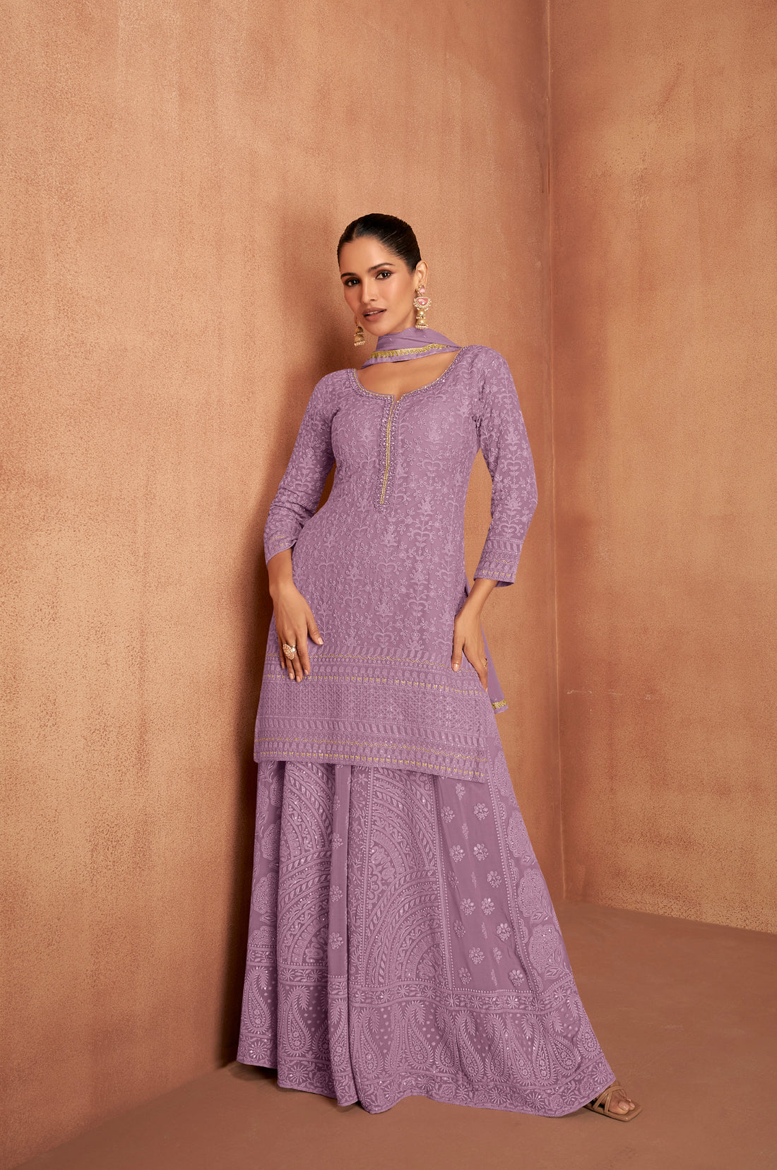 Lavender Georgette Embroidered Sharara Suit with Dupatta