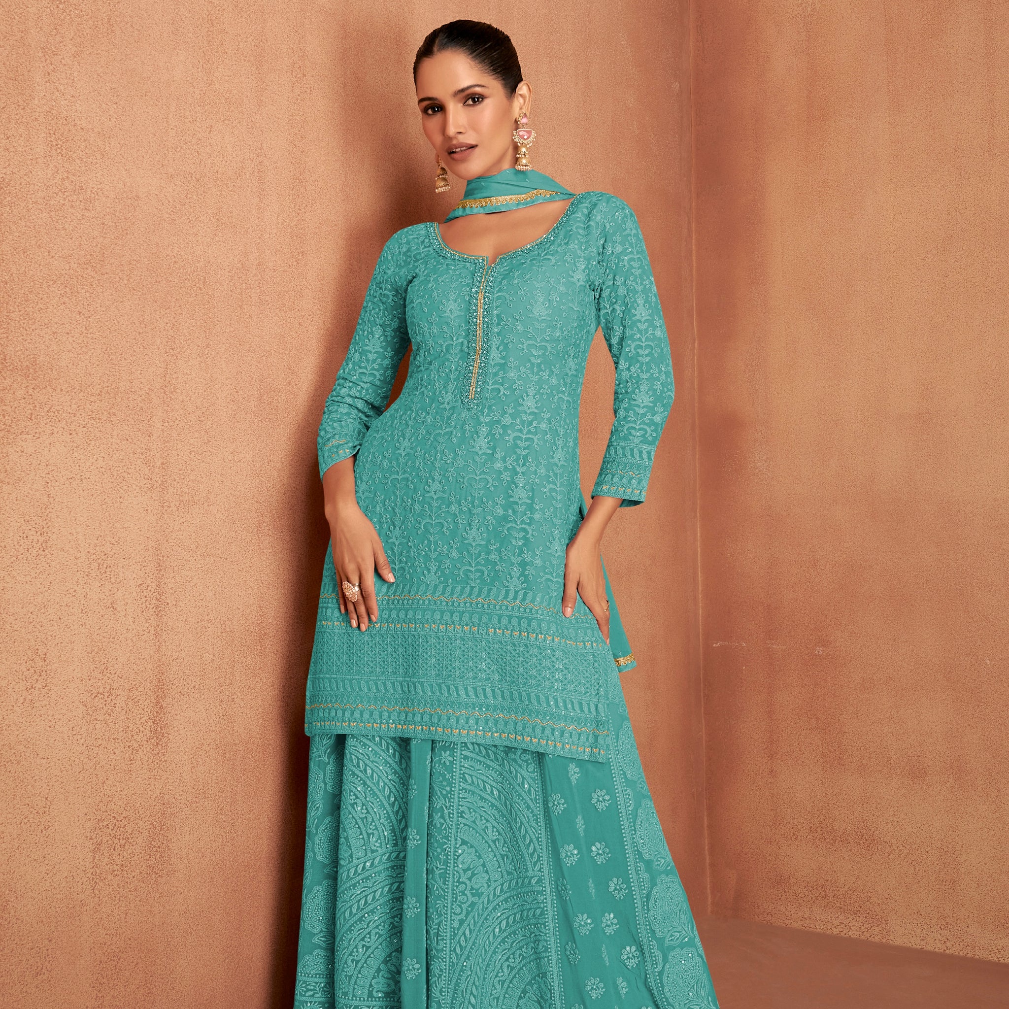 Teal Green Embroidered Georgette Sharara Suit with Dupatta