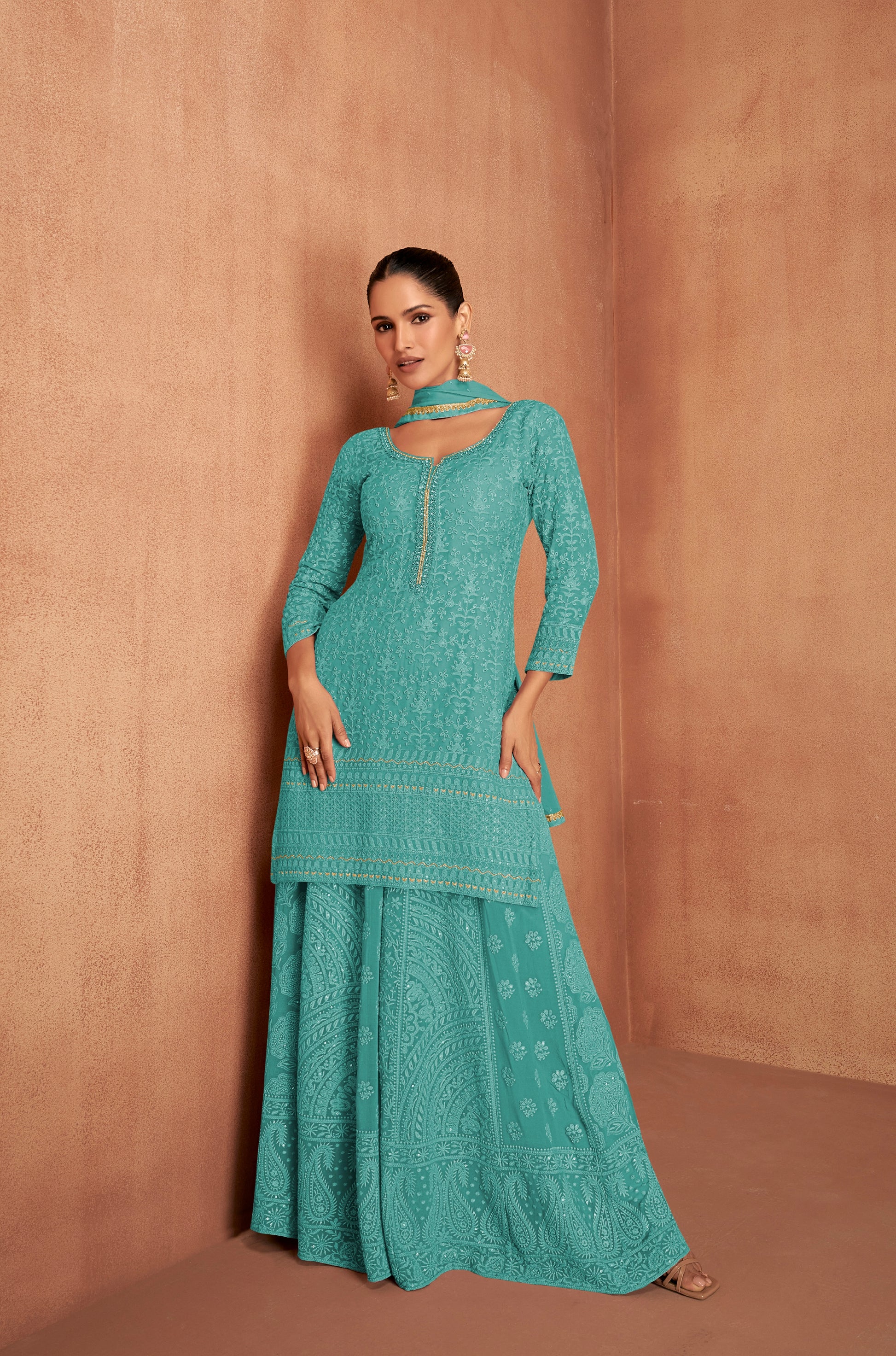 Teal Green Embroidered Georgette Sharara Suit with Dupatta