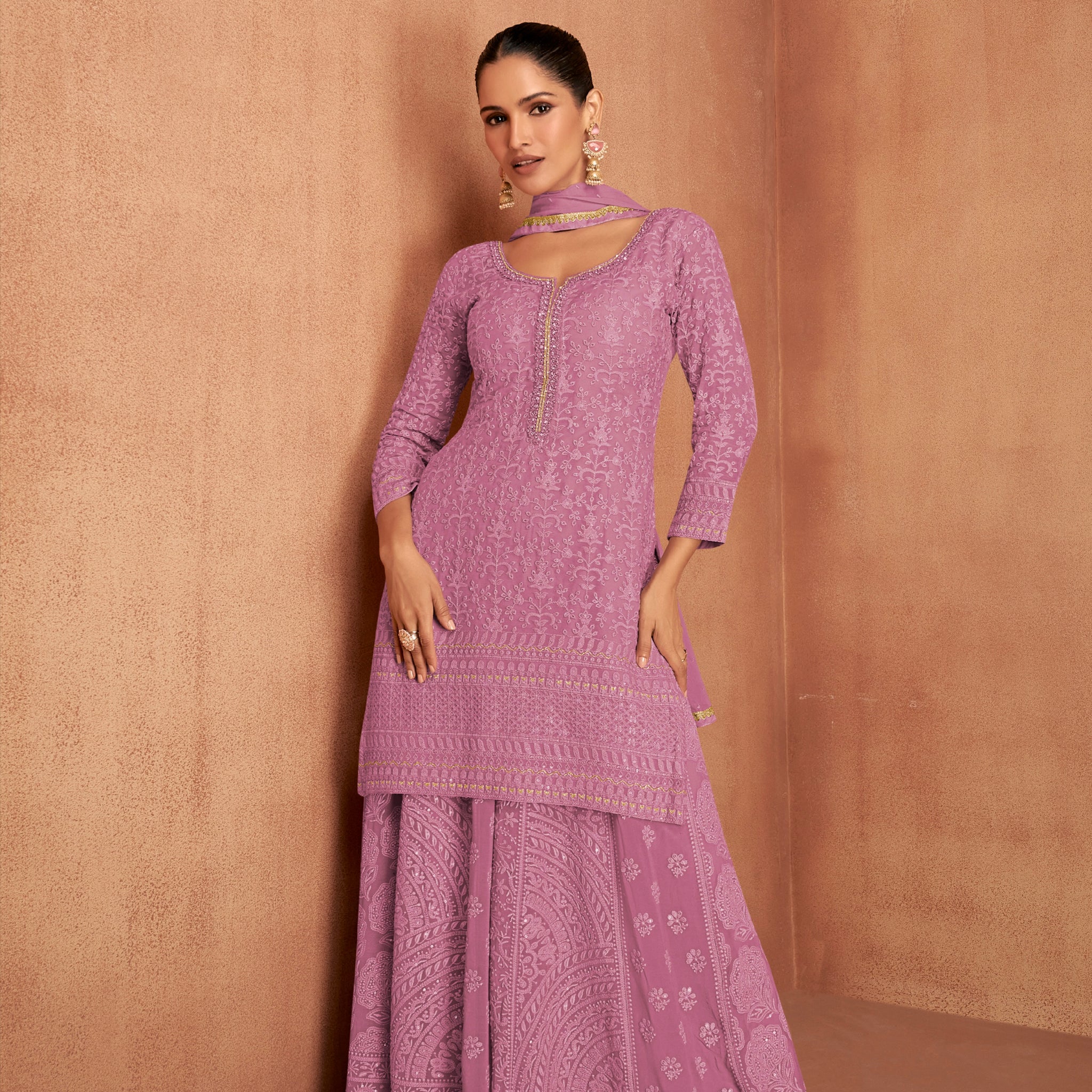 Dusty Rose Pink Georgette Embroidered Sharara Suit with Dupatta