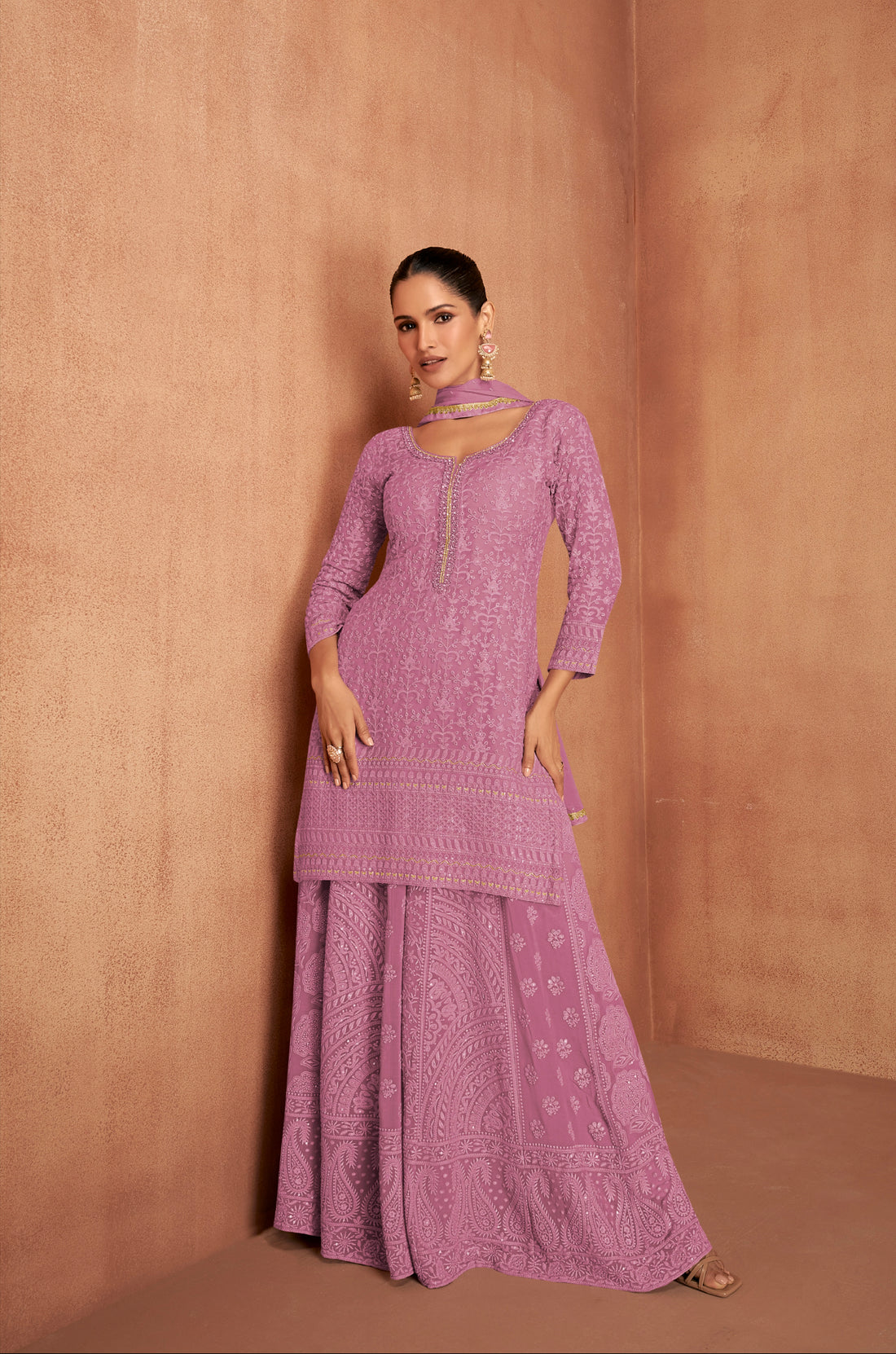 Dusty Rose Pink Georgette Embroidered Sharara Suit with Dupatta