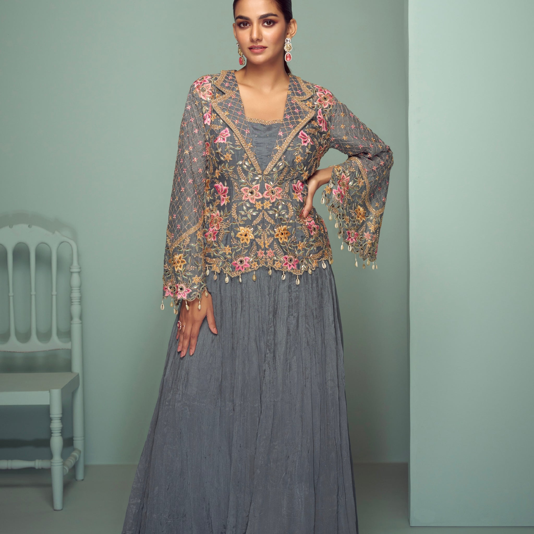 Slate Grey Sharara Suit with Intricate Embroidery