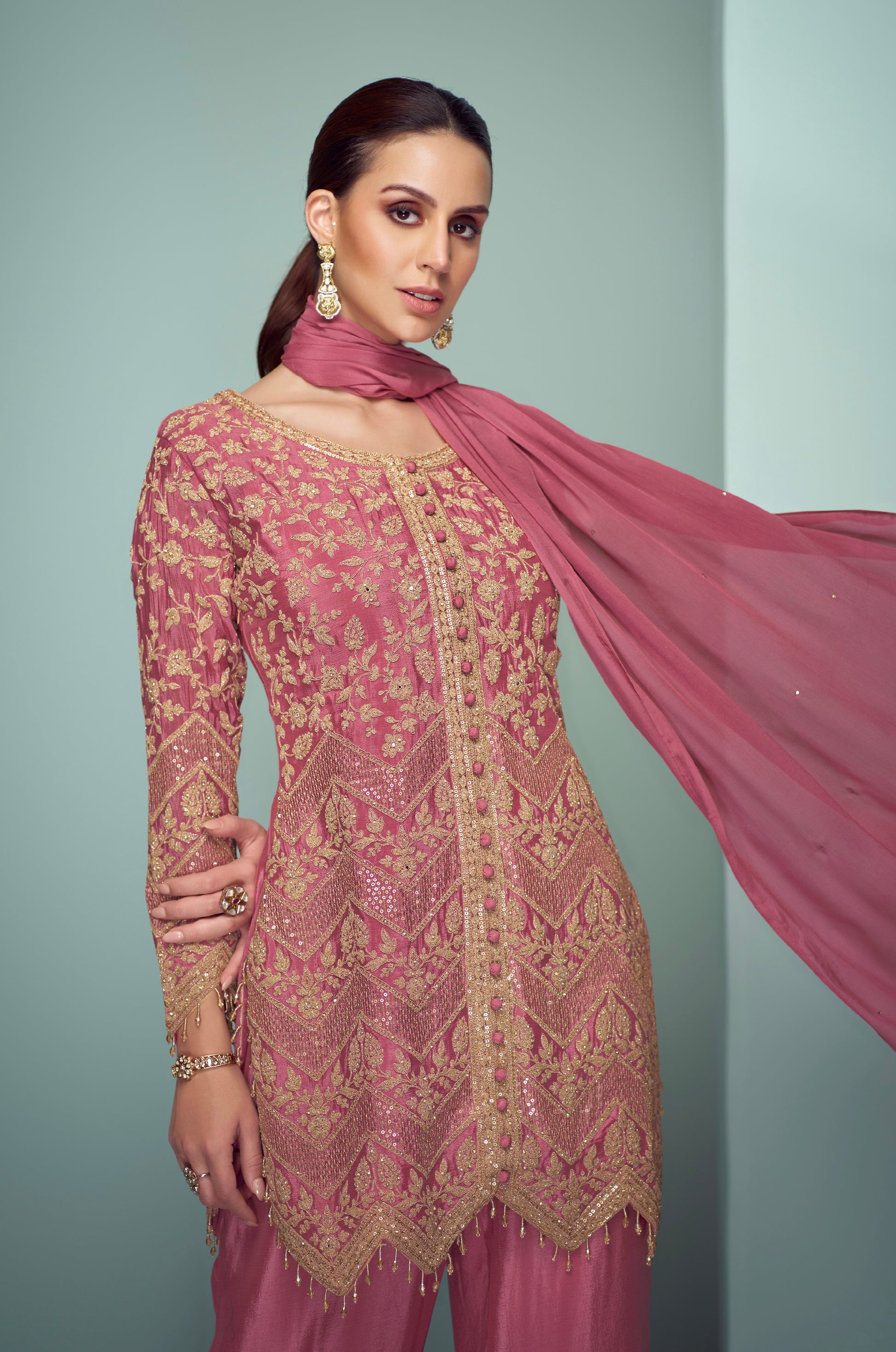 Dusty Pink Sharara Suit with Golden Embroidery