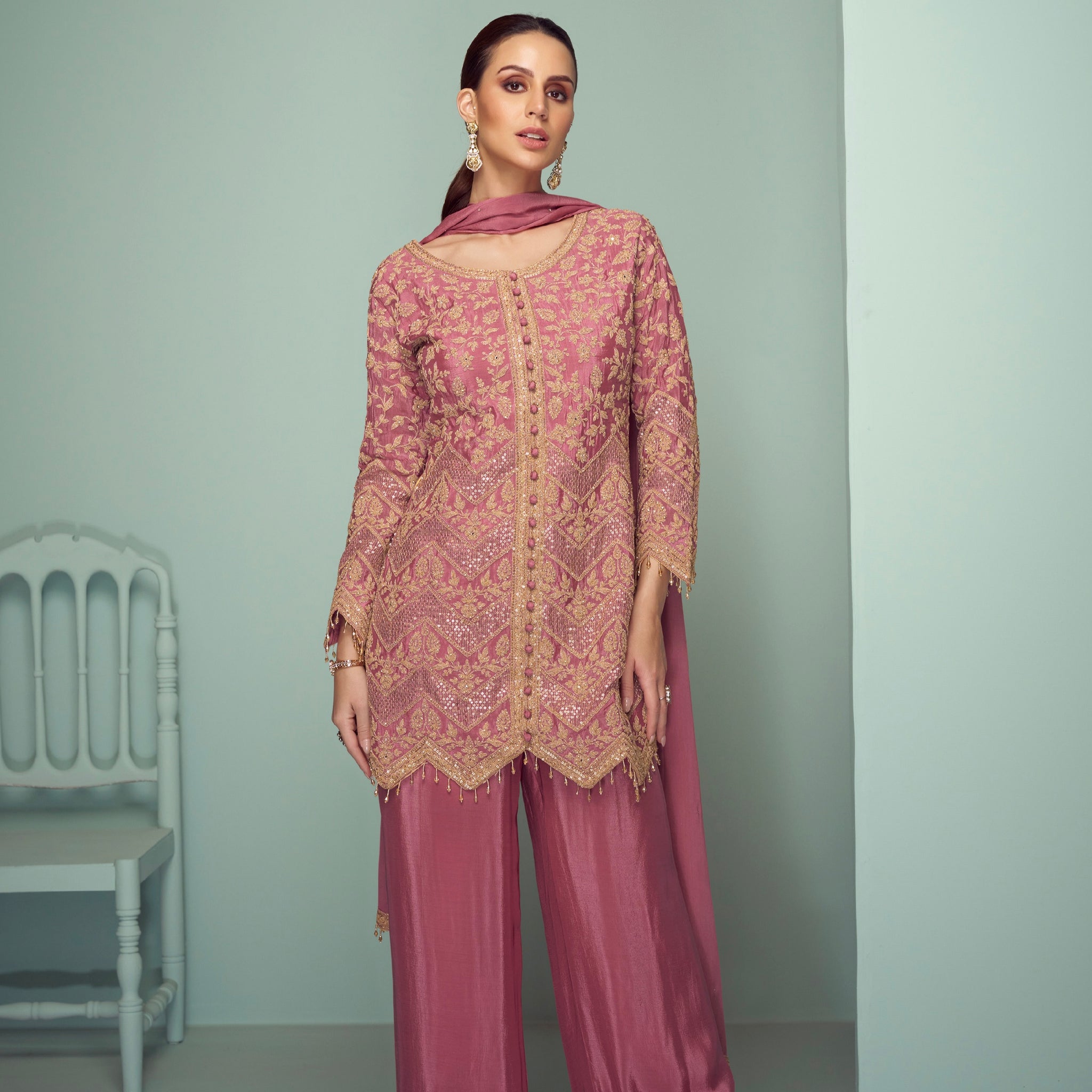 Dusty Pink Sharara Suit with Golden Embroidery