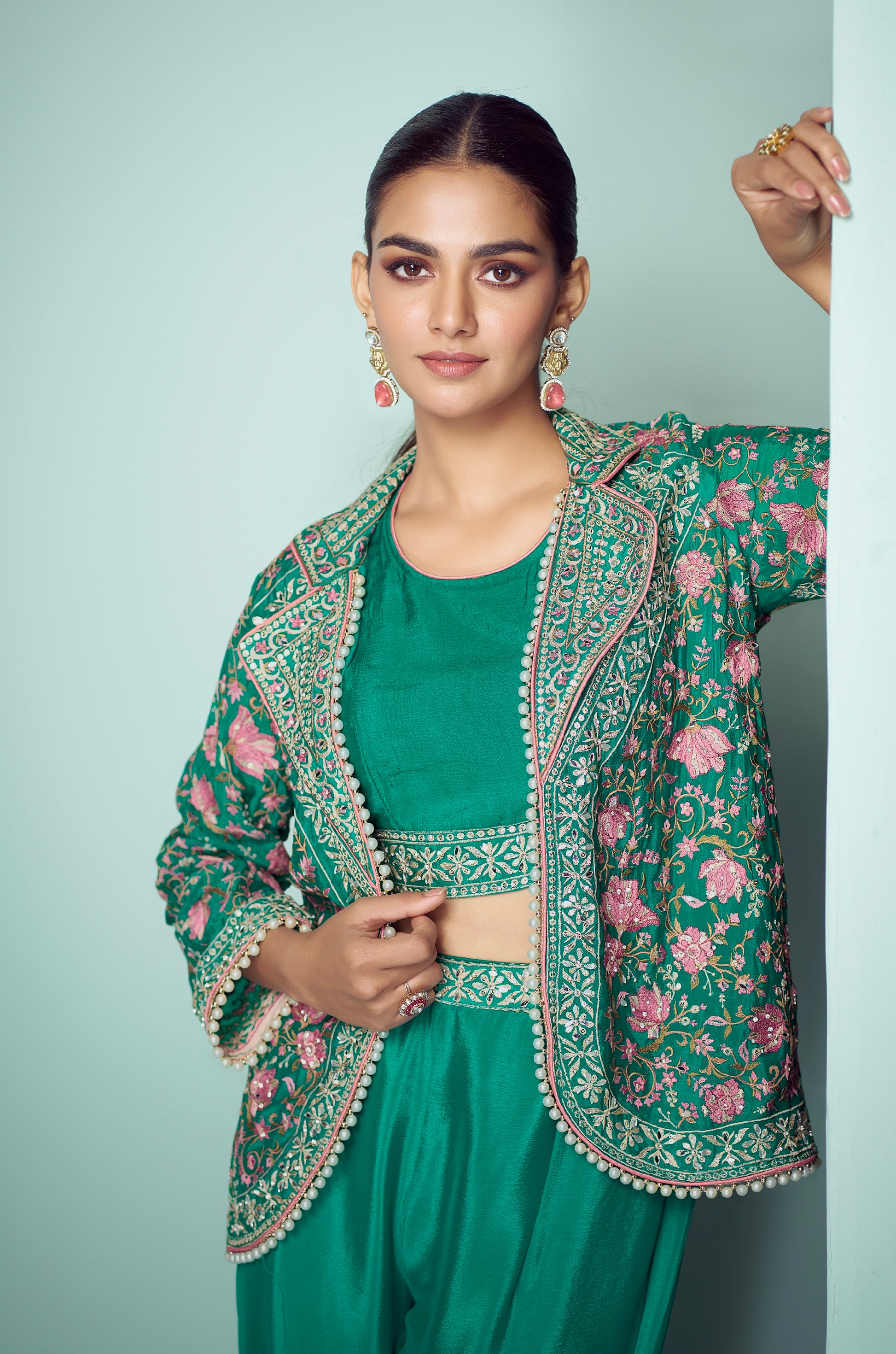 Emerald Green Palazzo Suit with Exquisite Floral Embroidery