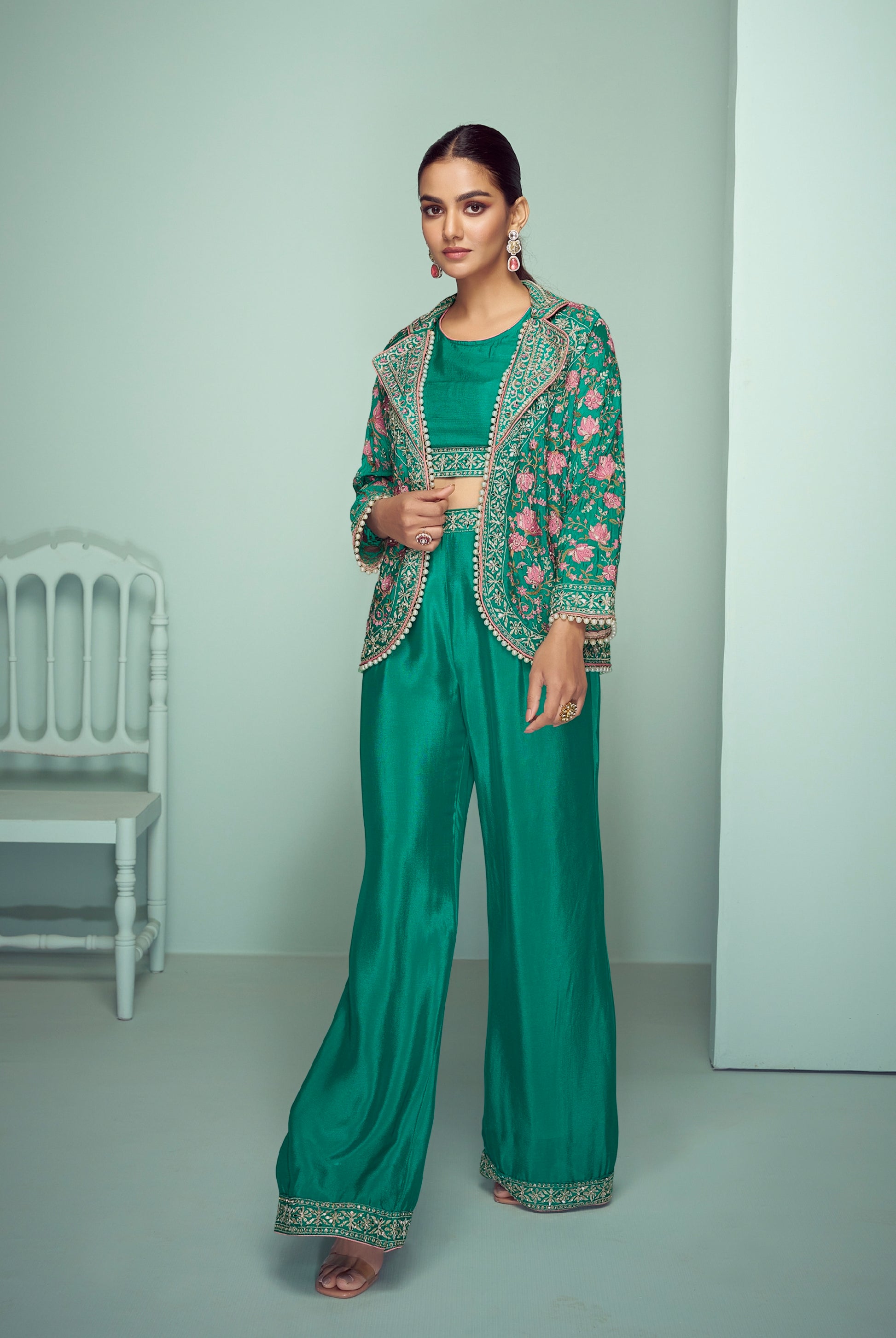 Emerald Green Palazzo Suit with Exquisite Floral Embroidery